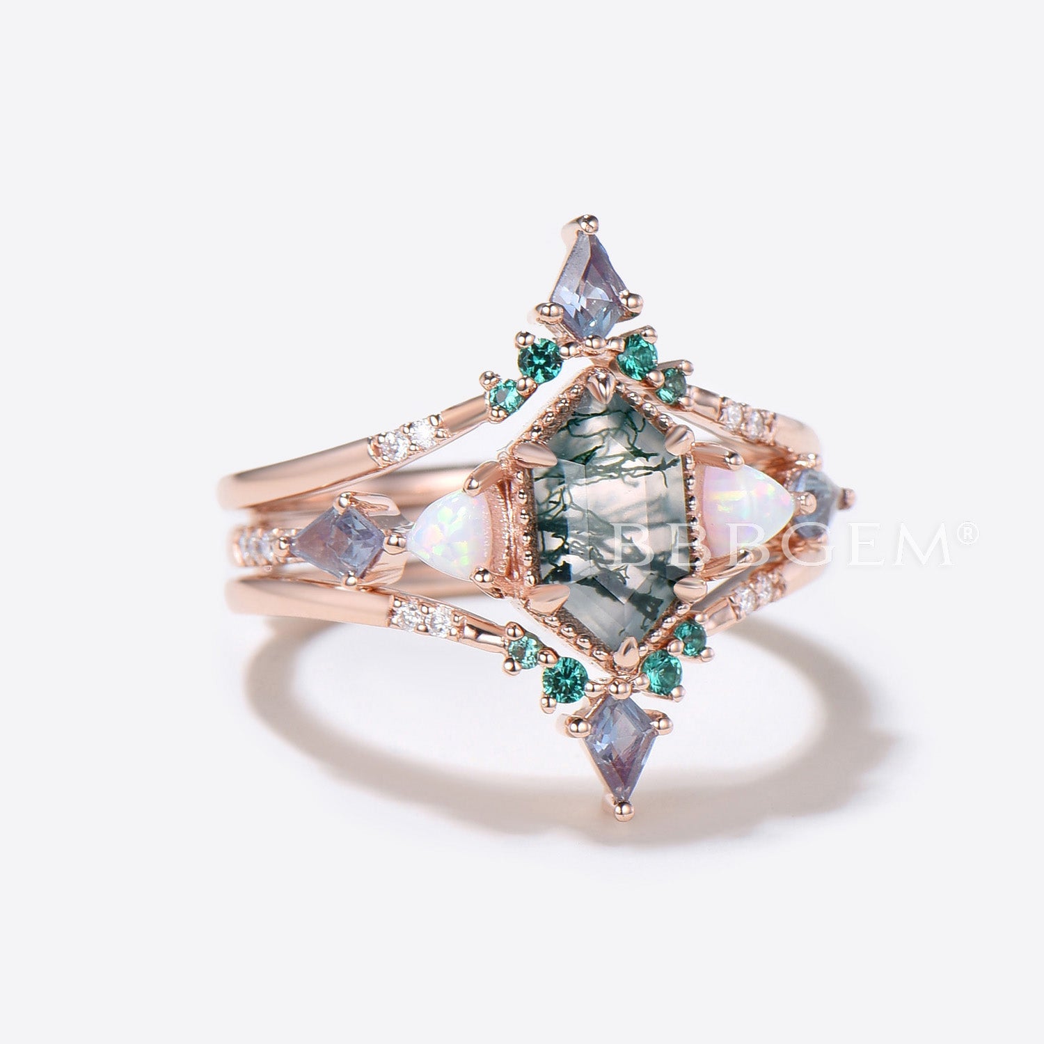 Hexagon Moss Agate Engagement Ring Enhancer & Guard Ring Set - Perfect for Bridal Jewelry, Wedding Bands, and Anniversary Gifts