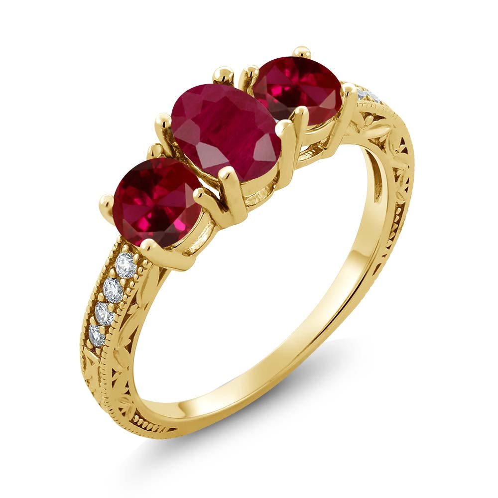 2.34 Ct Oval Red Ruby Ring - 18K Yellow Gold Plated Sterling Silver - Created Ruby Jewelry for Women - Perfect for Engagement, Anniversary & Special Occasion Gifts