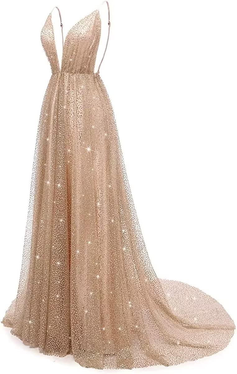 Sparkling Deep V-Neck Prom Dress for Women - Elegant Backless Long Tulle Formal Evening Gown for Homecoming, Wedding, Ball, and Special Occasions