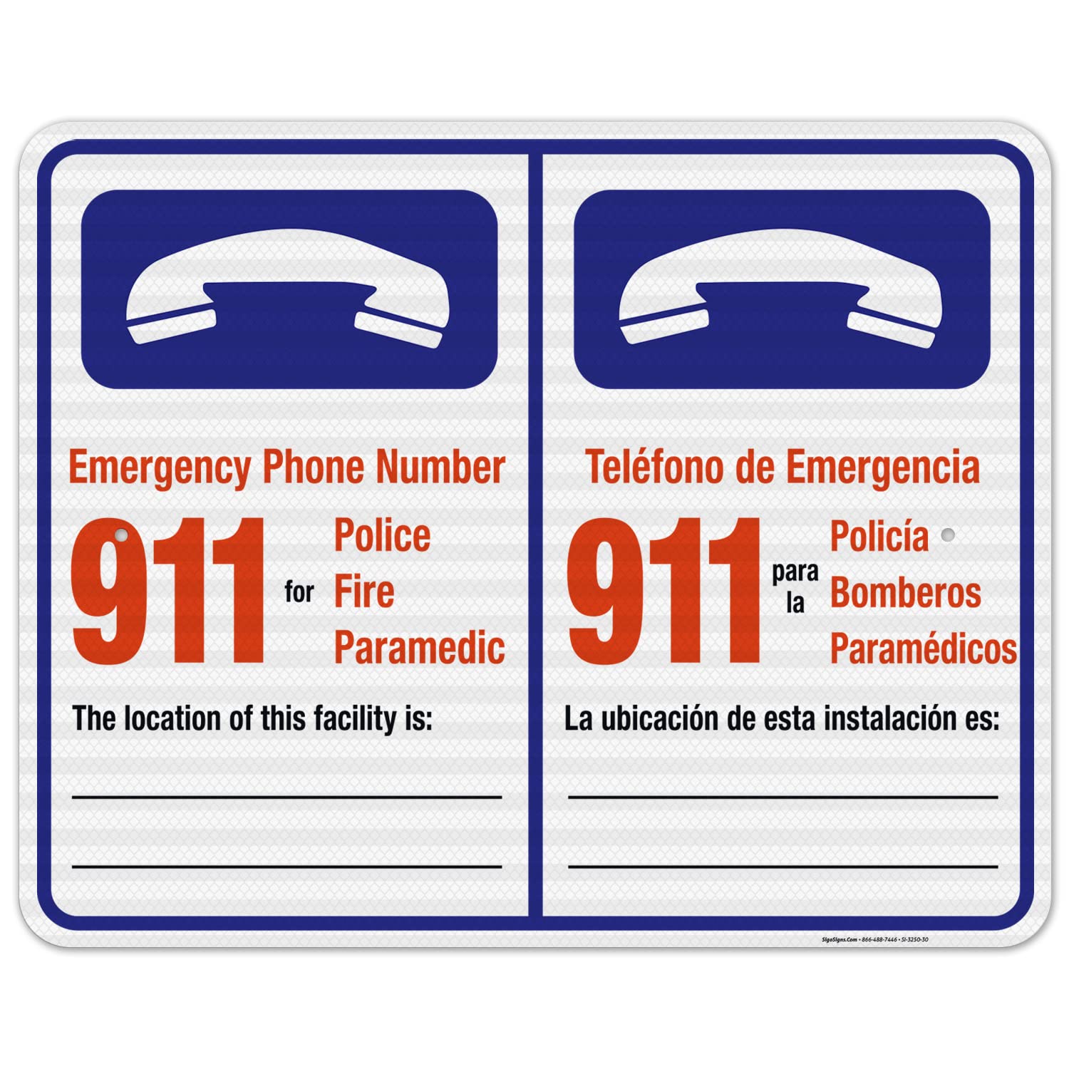 Pool Emergency Phone Number Sign - Bilingual English/Spanish - 24x30 Inches - 3M EGP Reflective .080 Aluminum - Fade Resistant - Made in USA - Perfect for Public Pools, Water Parks & Community Swimming Areas