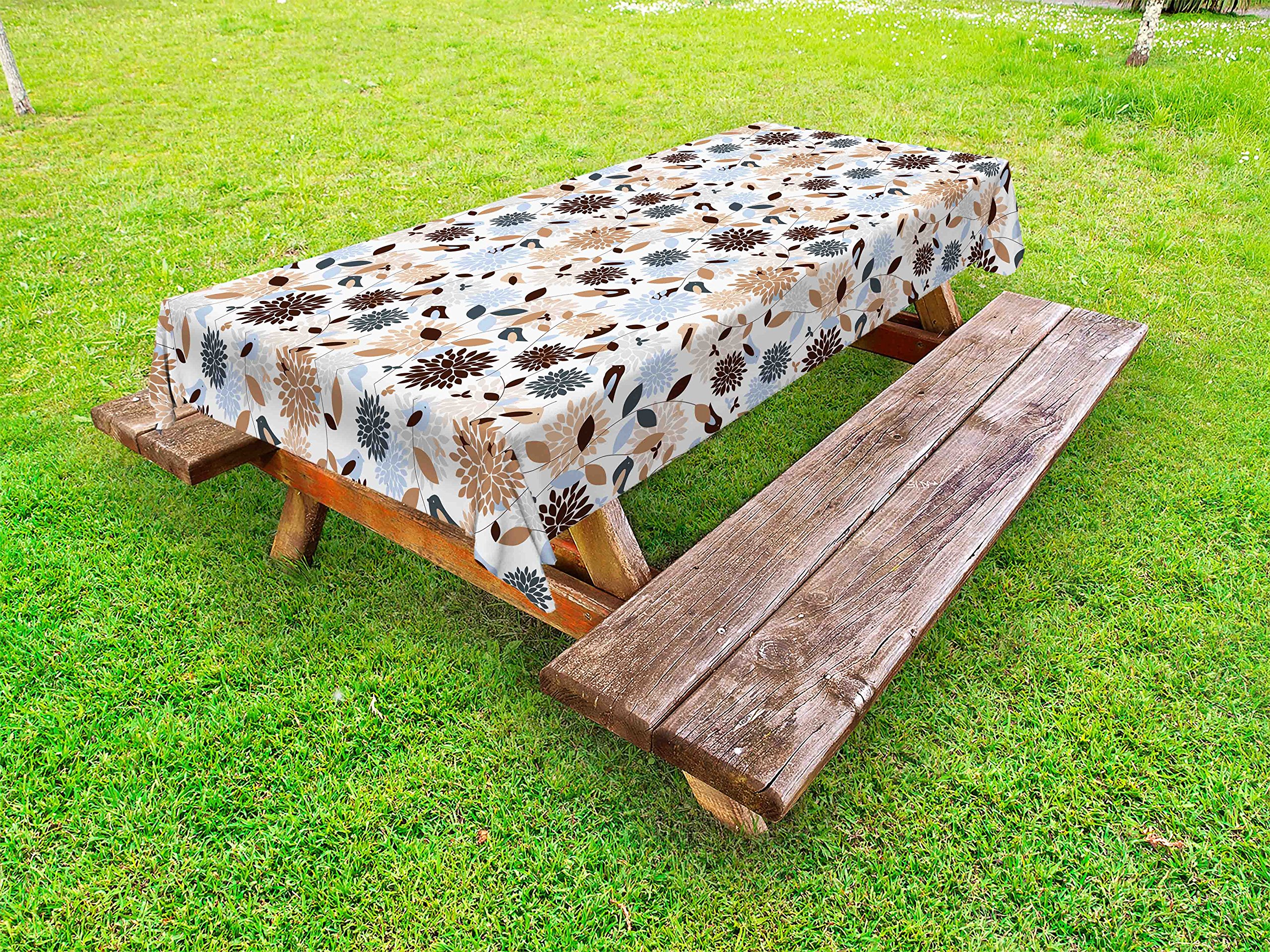 Ambesonne Earth Tones Outdoor Tablecloth - Abstract Hydrangea Flowers with Skinny Stems & Leaves, Washable Picnic Table Cover 58