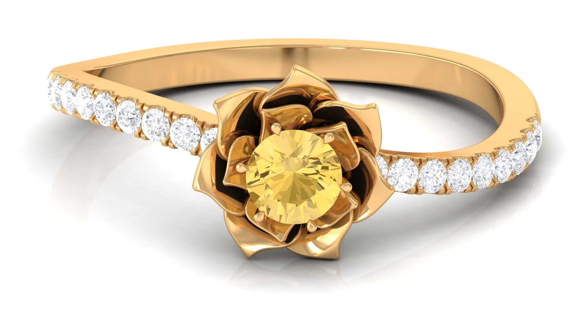3/4 CT Citrine and Diamond Floral Engagement Ring for Women - 4MM Round Cut Citrine in 14K Solid Gold - Perfect for Weddings, Anniversaries & Special Occasions
