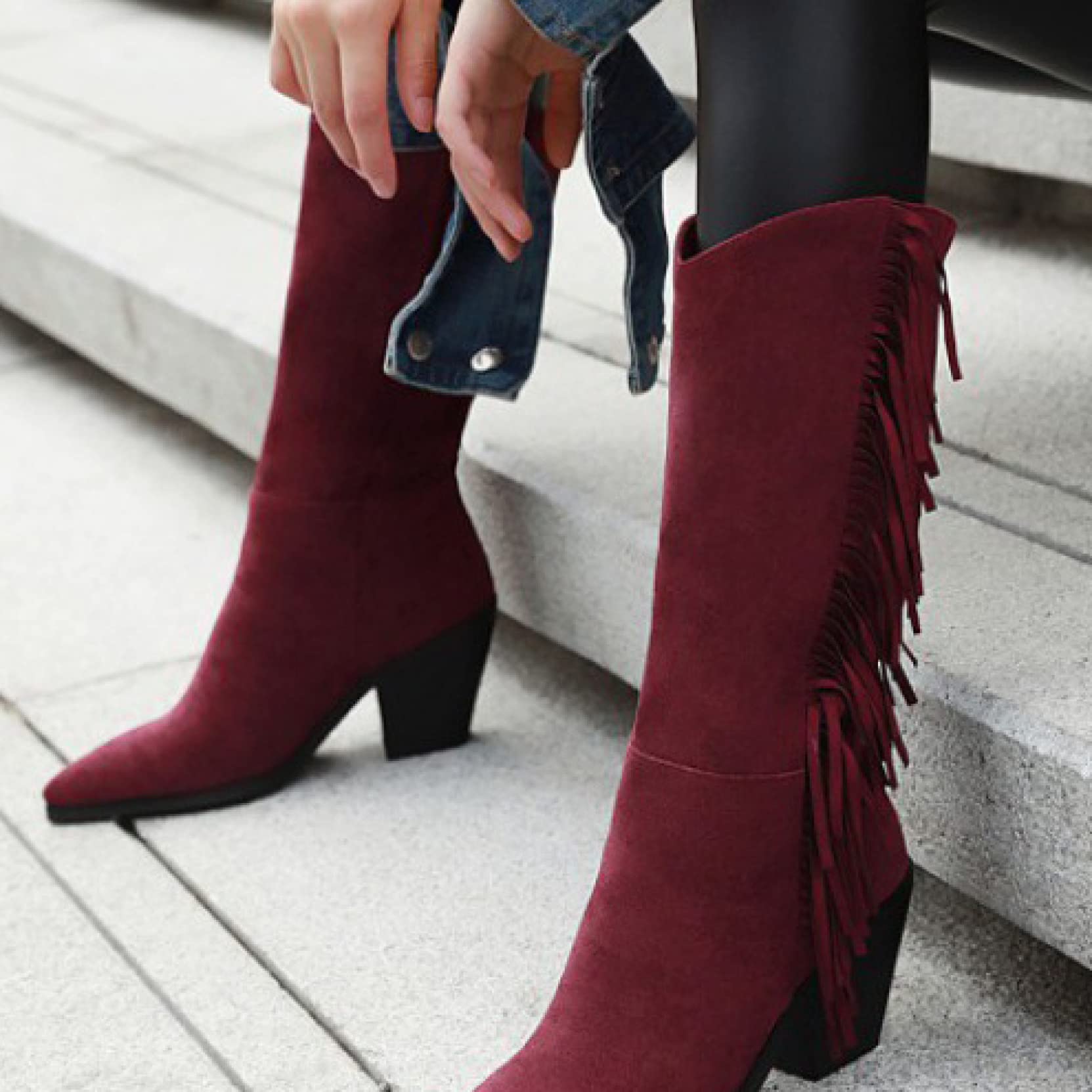 Hoxekle Women's Fringe Western Knee High Boots - Suede Combat Cowboy Boots with Chunky Block Heel | Skin-Friendly & Durable | Perfect for Country Dancing, Music Festivals & Western Fashion