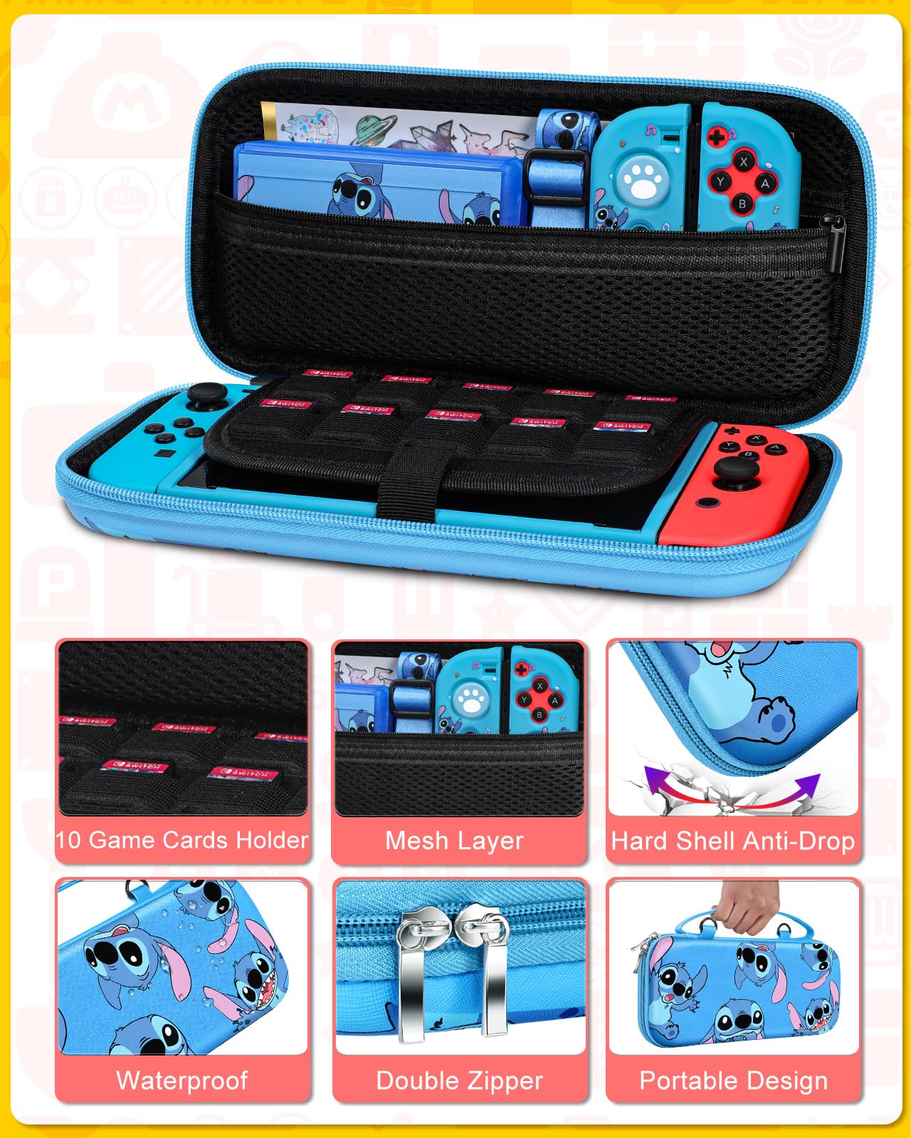 Xinocy 9-in-1 Nintendo Switch OLED Accessories Kit with Travel Case, Protective Cover, Game Holder, Joycon Shells & Thumb Grips - Perfect for Gaming On-The-Go, Travel Protection & Kids Gift (Pink/Blue)