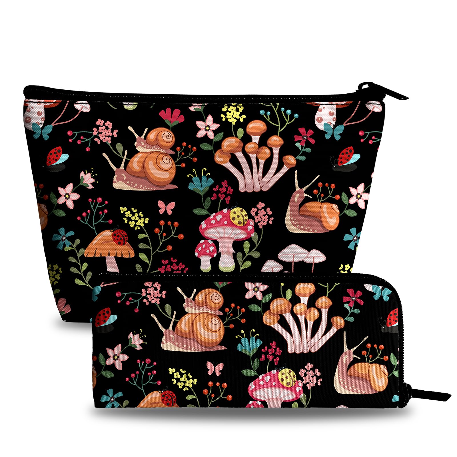 Stylish Mushroom & Snail Print Large Capacity Makeup Bag Set for Women - 1 Cosmetic Organizer & 1 Brush Pouch - Perfect for Travel, Daily Use & Gift Giving