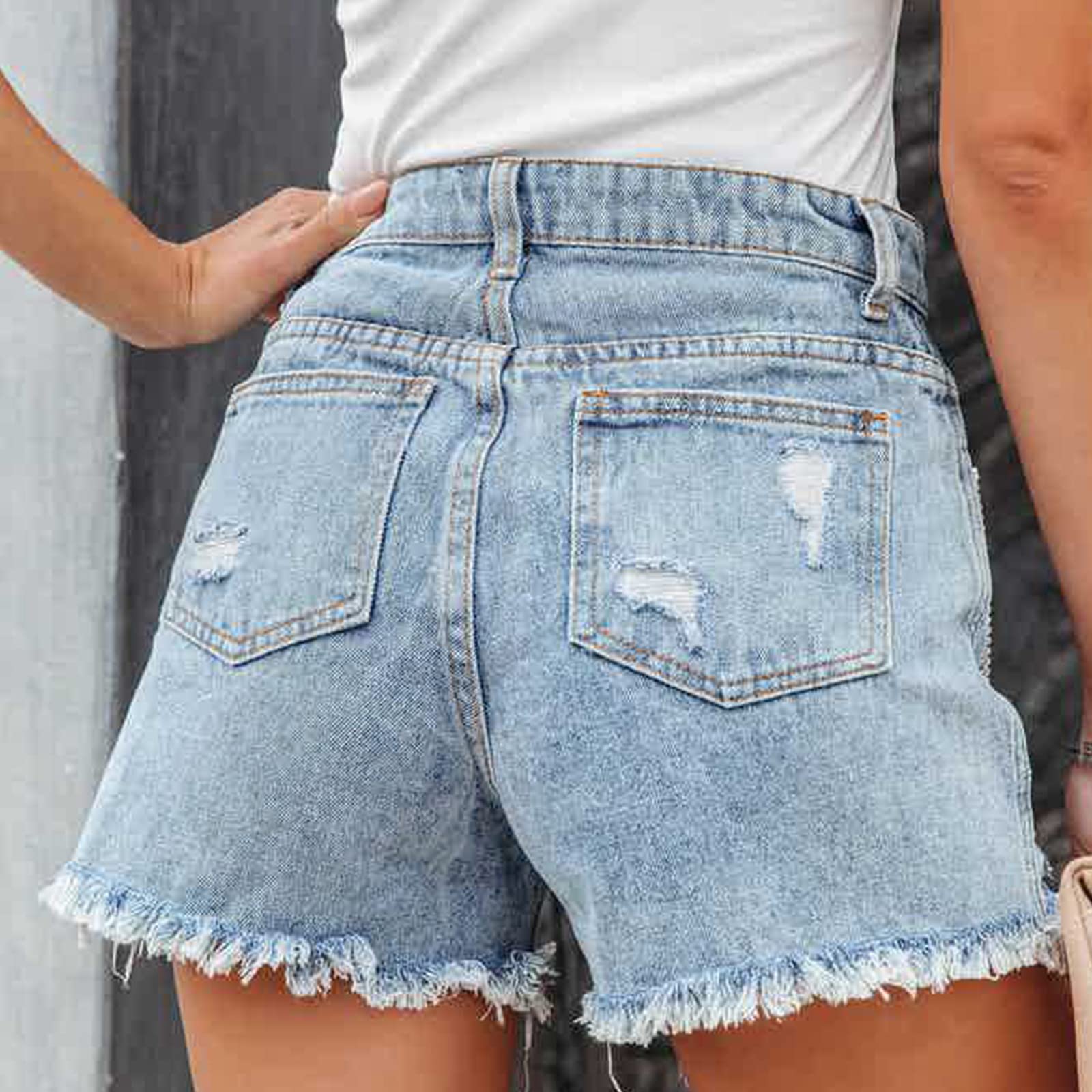 Women's Rhinestone Distressed Denim Shorts - Mid Rise Ripped Hem Fringe Jeans with Tassels | Casual Summer Outfit, Beach Party, Music Festival Fashion