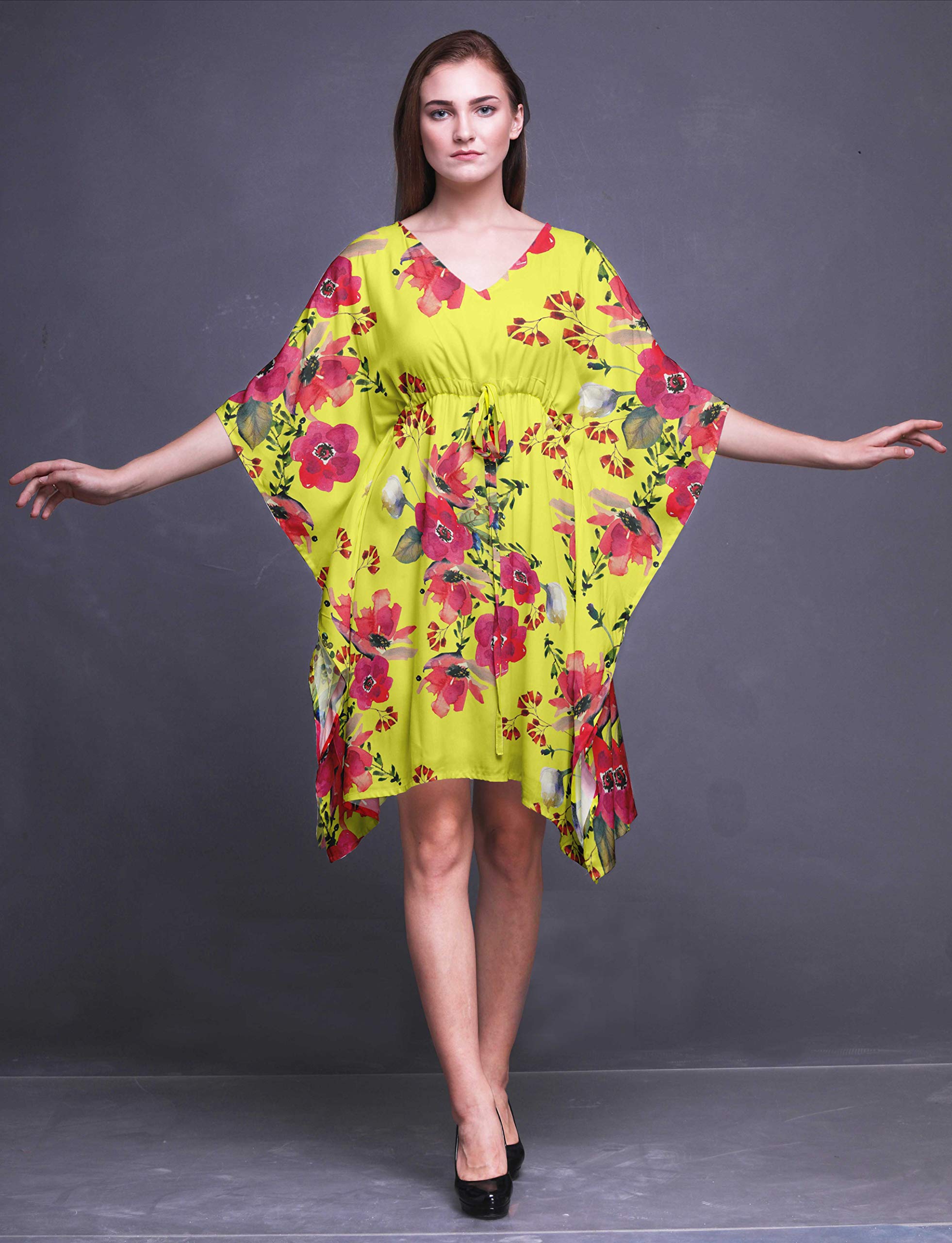 Bimba Women's Short Caftan Midi Dress - Beach Cover Up Swimwear, Summer Boho Kaftan Dress for Pool, Vacation & Resort Wear
