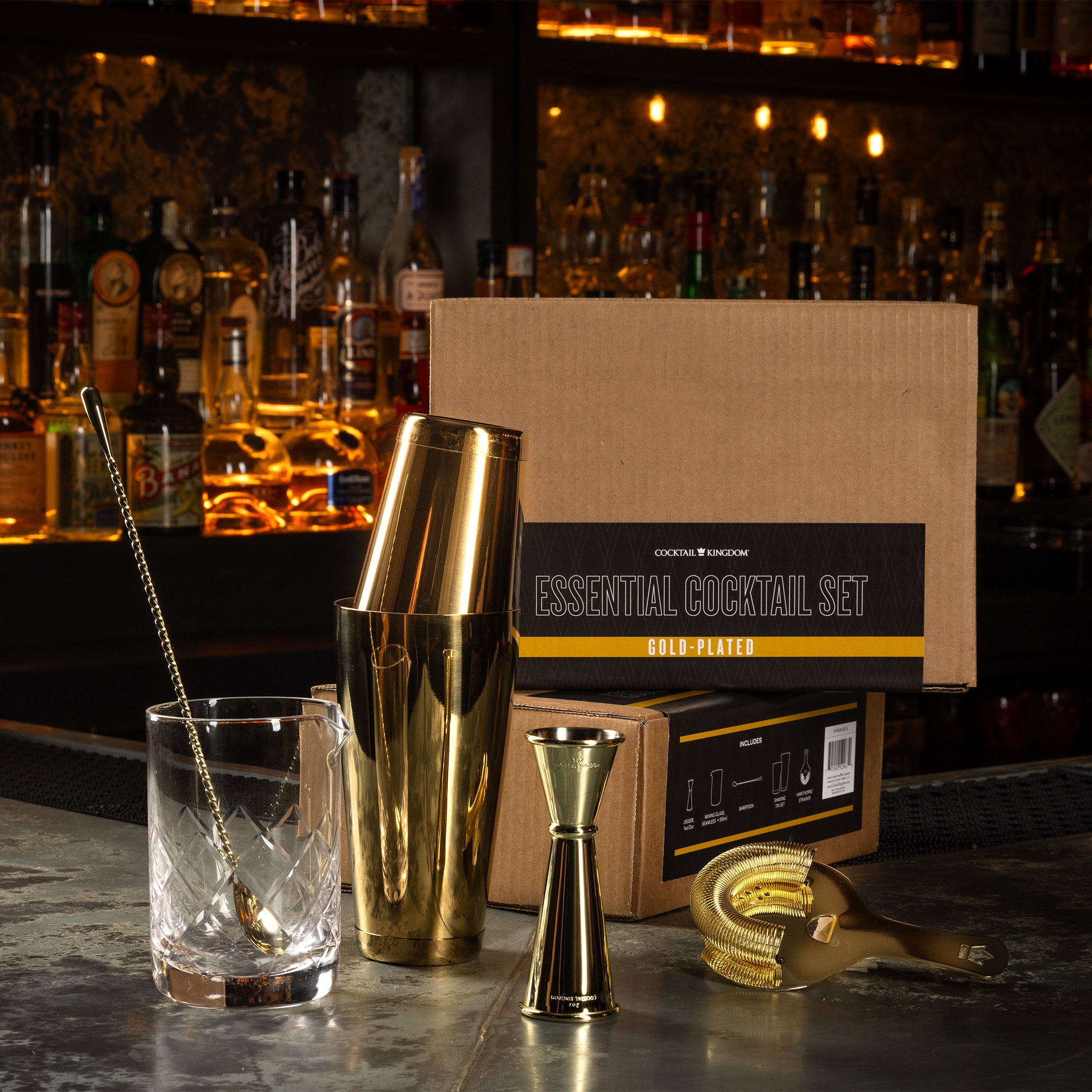 Premium Gold-Plated Cocktail Set - 18-Piece Bar Accessories for Mixing, Shaking & Serving - Perfect for Home Bars, Parties & Gifts