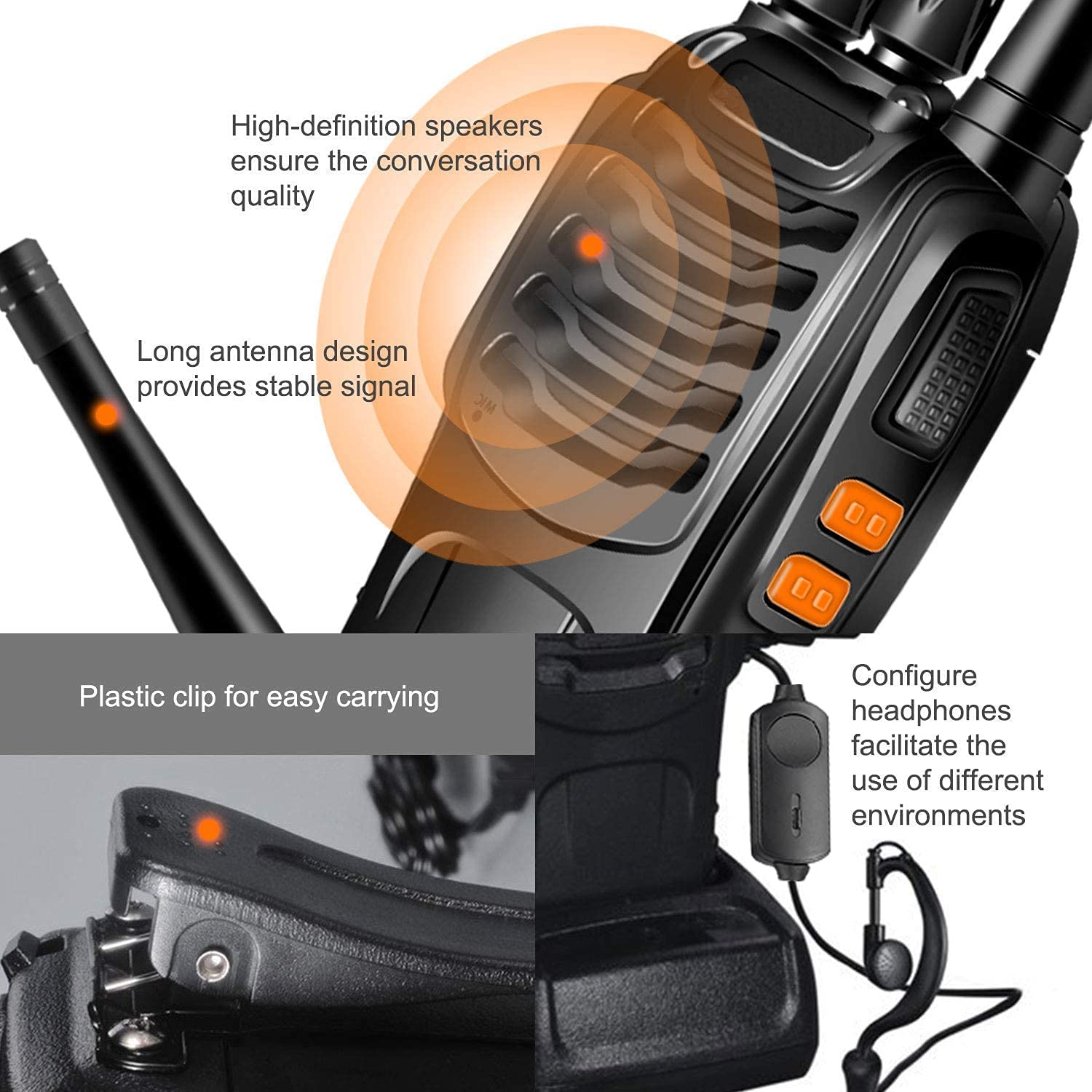 Professional BF-88E Long Range Walkie Talkie - 16 Channel PMR446 Rechargeable Two-Way Radio with Original Headset & USB Charging Station (Black, 1 Pair) - Ideal for Outdoor Adventures, Construction Sites, and Event Coordination