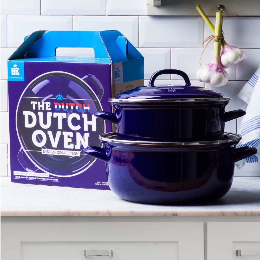 BK Indigo Dutch Heritage Round German Enamel Casserole Pot with Lid - PFAS-Free Ceramic Non-Stick Coating, 2.5L (20cm) - Induction, Oven & Dishwasher Safe - Cobalt Blue - Perfect for Soups, Stews & Baking