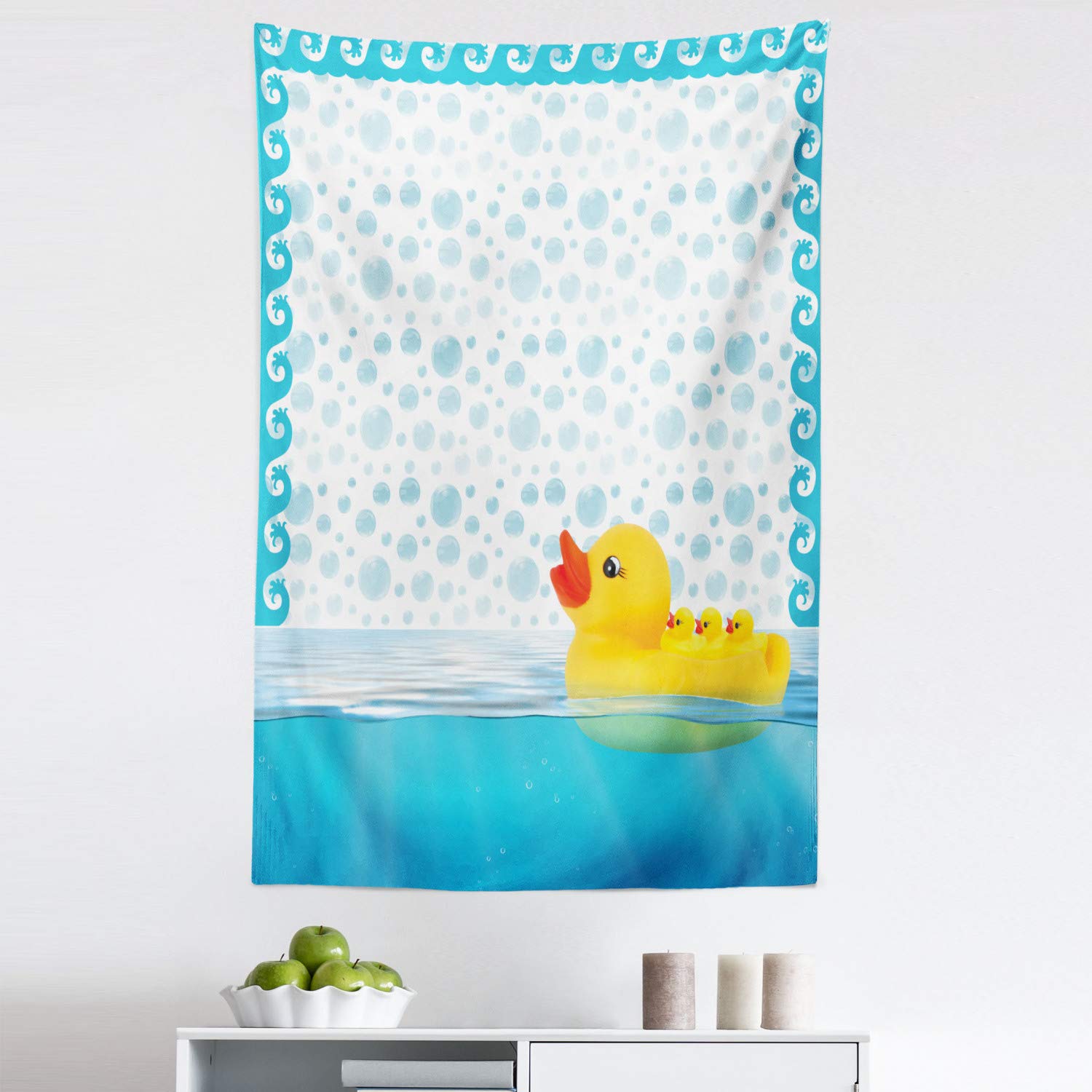 Ambesonne King Size Yellow Duck Tapestry - Funny Swimming Rubber Duck with Bubbles & Waves Print - 30x45 Inch Wall Hanging, Bedspread, Bed Cover - Sky Blue Yellow White Decor for Kids Room, Nursery, Bathroom Wall Art