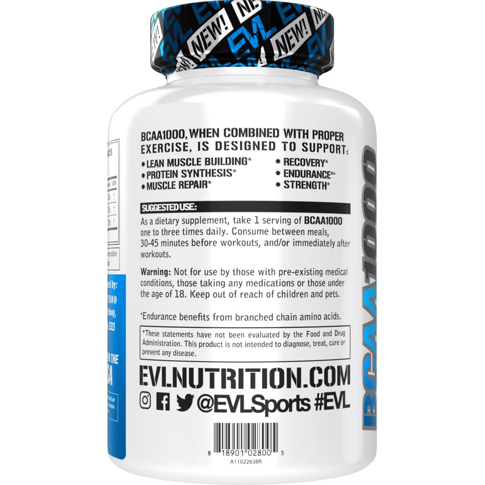 EVL BCAA 1000 Branched Chain Amino Acids Supplement for Men - 2:1:1 Ratio, 5g Capsules for Post Workout Recovery, Lean Muscle Growth & Energy Boost - 30 Servings - Ideal for Gym Training, Bodybuilding & Fitness Enthusiasts