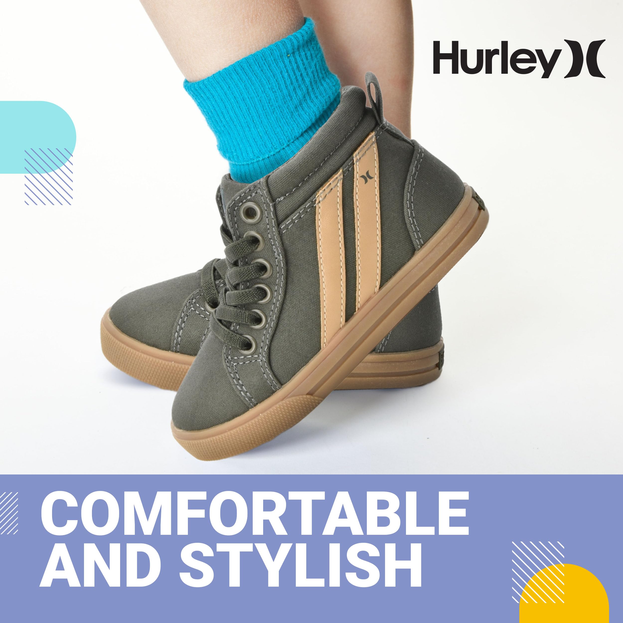 Hurley Kids Toddlers Elastic Laces Canvas Sneakers - High Top Skate Shoes for Boys & Girls, Comfortable Athletic Shoes for School & Play, Perfect for Toddler Sports & Daily Wear