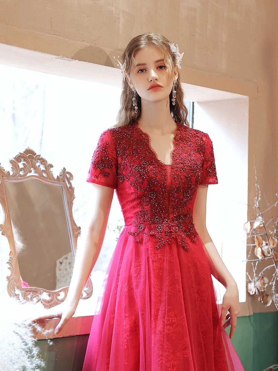 Elegant Burgundy V-Neck Tulle Lace Beaded Short Prom Dress | Homecoming Party Gown | Perfect for Prom Night, Homecoming Dance & Special Occasions
