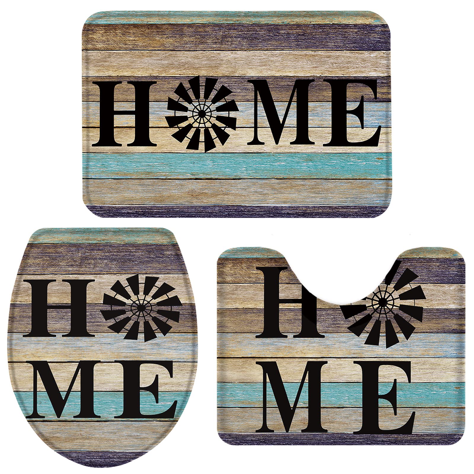 3-Piece Non-Slip Bathroom Rug Set with Windmill Farm Design - Absorbent Shower Mat, Contour Mat & Toilet Cover - Soft Wooden Plank Texture Bath Mats for Cozy Farmhouse Style Bathrooms