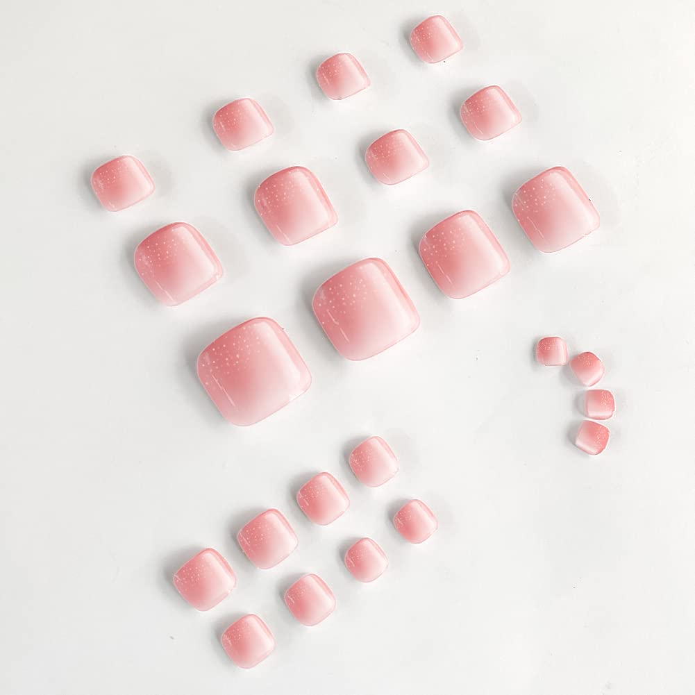 24Pcs Pink Gradient Press on Toenails for Women - Short Square Fake Toenails with Glitter Powder Design, Summer Manicure Glossy Toe Nail Press Ons | Perfect for Pedicures, Beach Vacations & Summer Nail Art