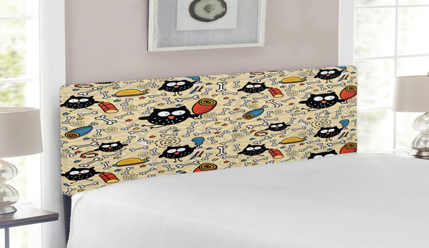 Ambesonne Cartoon Headboard - Hungry Owls with Bones & Meat Sketch, Upholstered Decorative Metal Bed Headboard with Memory Foam, Queen Size, Black Multicolor | Perfect for Kids' Bedroom, Nursery Decor & Whimsical Home Design