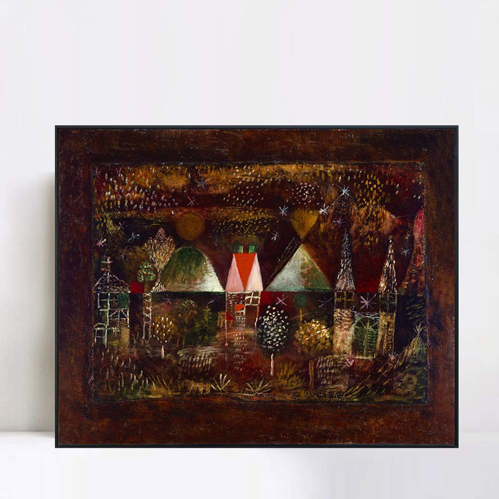INVIN ART Framed Canvas Giclee Print - Night Feast by Paul Klee - Premium Wall Art for Living Room & Home Office Decor (20x24 Inches, Black Slim Frame) - Perfect for Modern Interior Design & Gift Giving