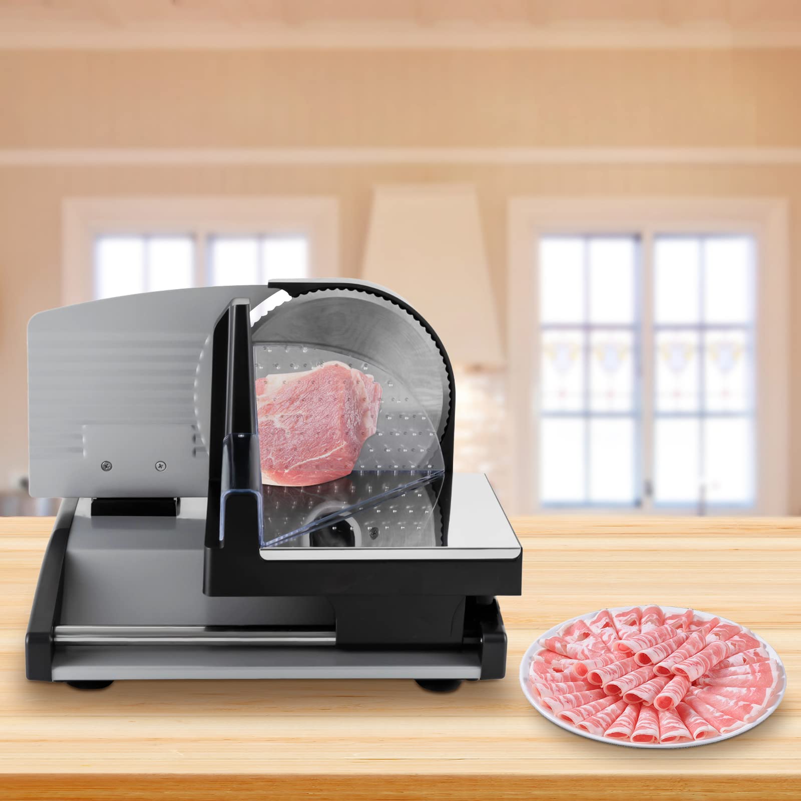 Commercial Electric Meat Slicer Machine - Adjustable Thickness Stainless Steel Blade for Pork, Beef, Mutton & Vegetables - 200W Heavy Duty Slicer for Home & Restaurant Use - Perfect for Deli, Butcher Shop & Food Prep