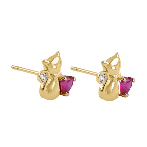 14K Solid Yellow Gold Cat Heart CZ Stud Earrings for Women - Perfect Gift for Cat Lovers, Valentine's Day & Everyday Wear