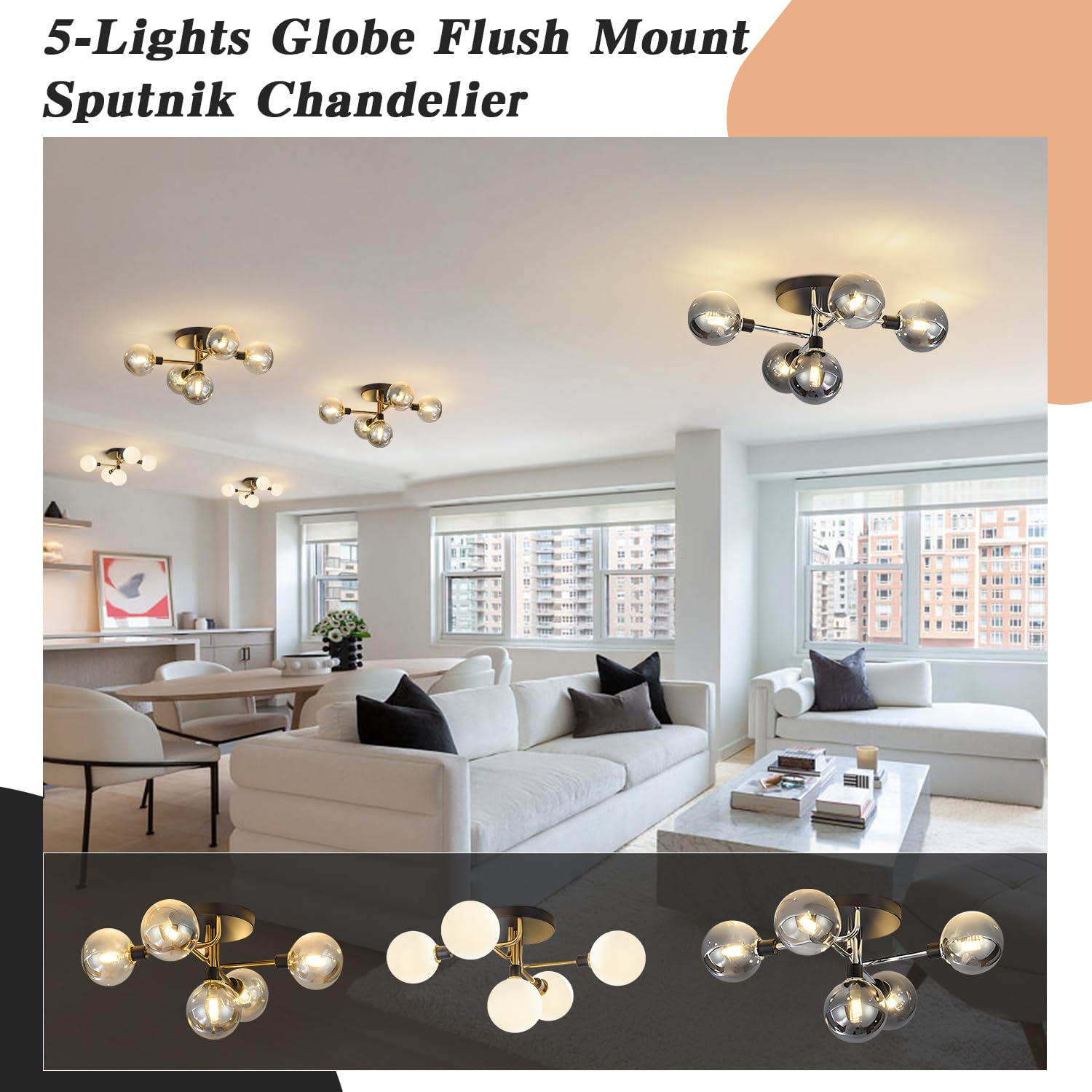 BOKT 5-Light Sputnik Chandelier Semi-Flush Mount Ceiling Light Fixture with Smoked Glass Globes - Modern Pendant Lighting for Kitchen, Dining Room, Living Room & Bedroom (Silver Finish, Bulbs Included) | Perfect for Mid-Century Modern Homes and Contemporary Spaces