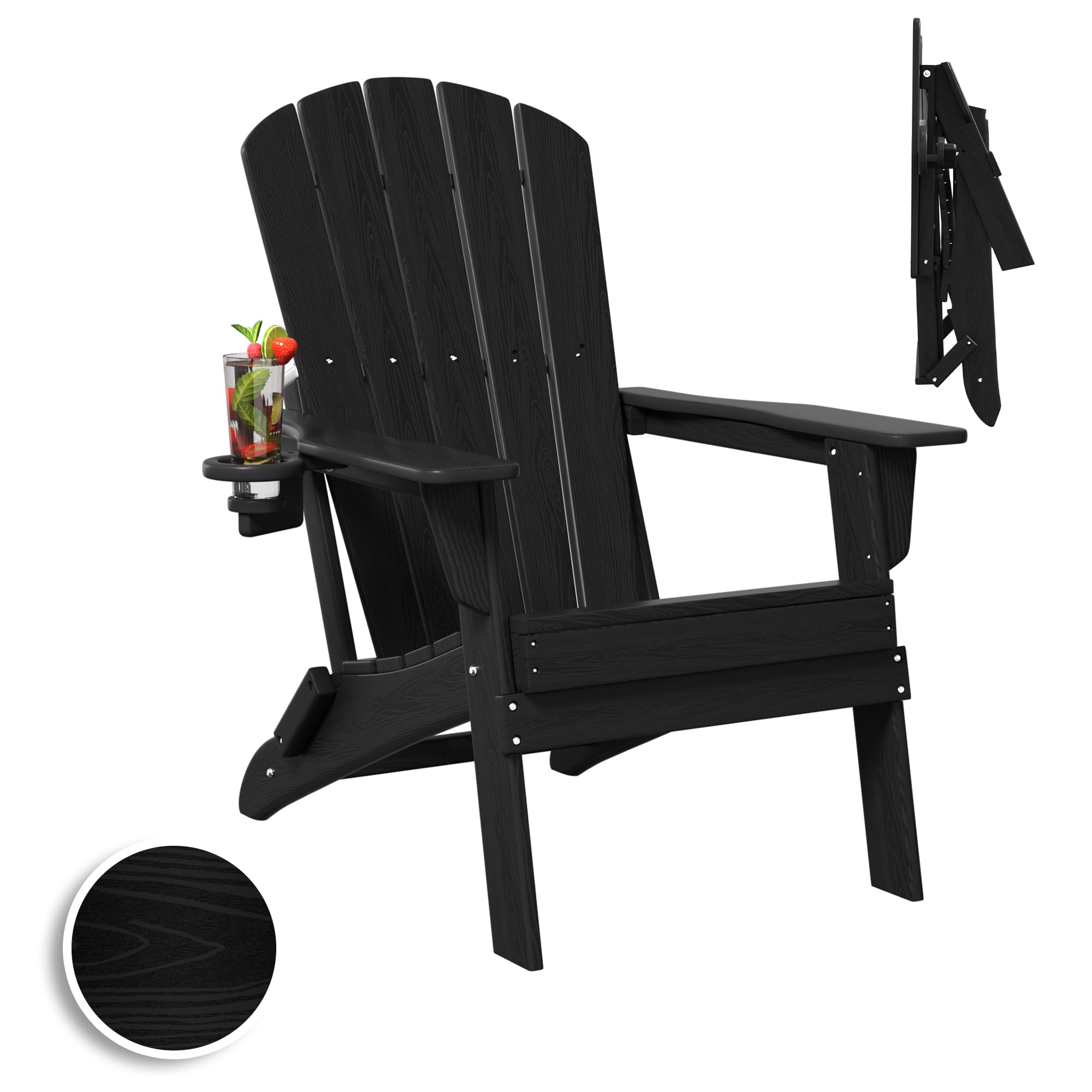 Heavy Duty Folding Adirondack Chair - All-Weather HDPE Wooden Textured Outdoor Furniture with Cup Holder, SGS Certified - Perfect for Poolside, Backyard, Patio, Garden & Lawn Relaxation (Black)