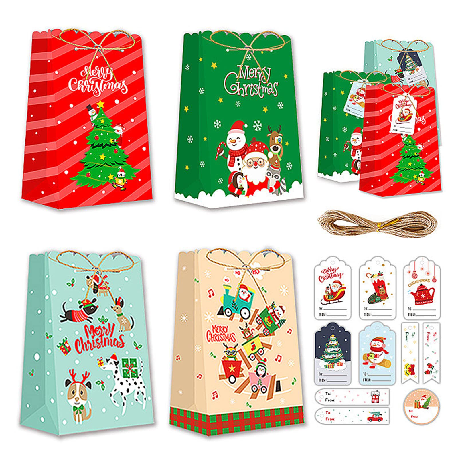 12-Piece Christmas Gift Bags Set with 20 Xmas Theme Tags - Small Kraft Paper Gift Wrapping Bags for Candies, Party Favors, Goodie Bags - Reusable Holiday Treat Bags for Christmas Parties, Gift Exchanges & Stocking Stuffers