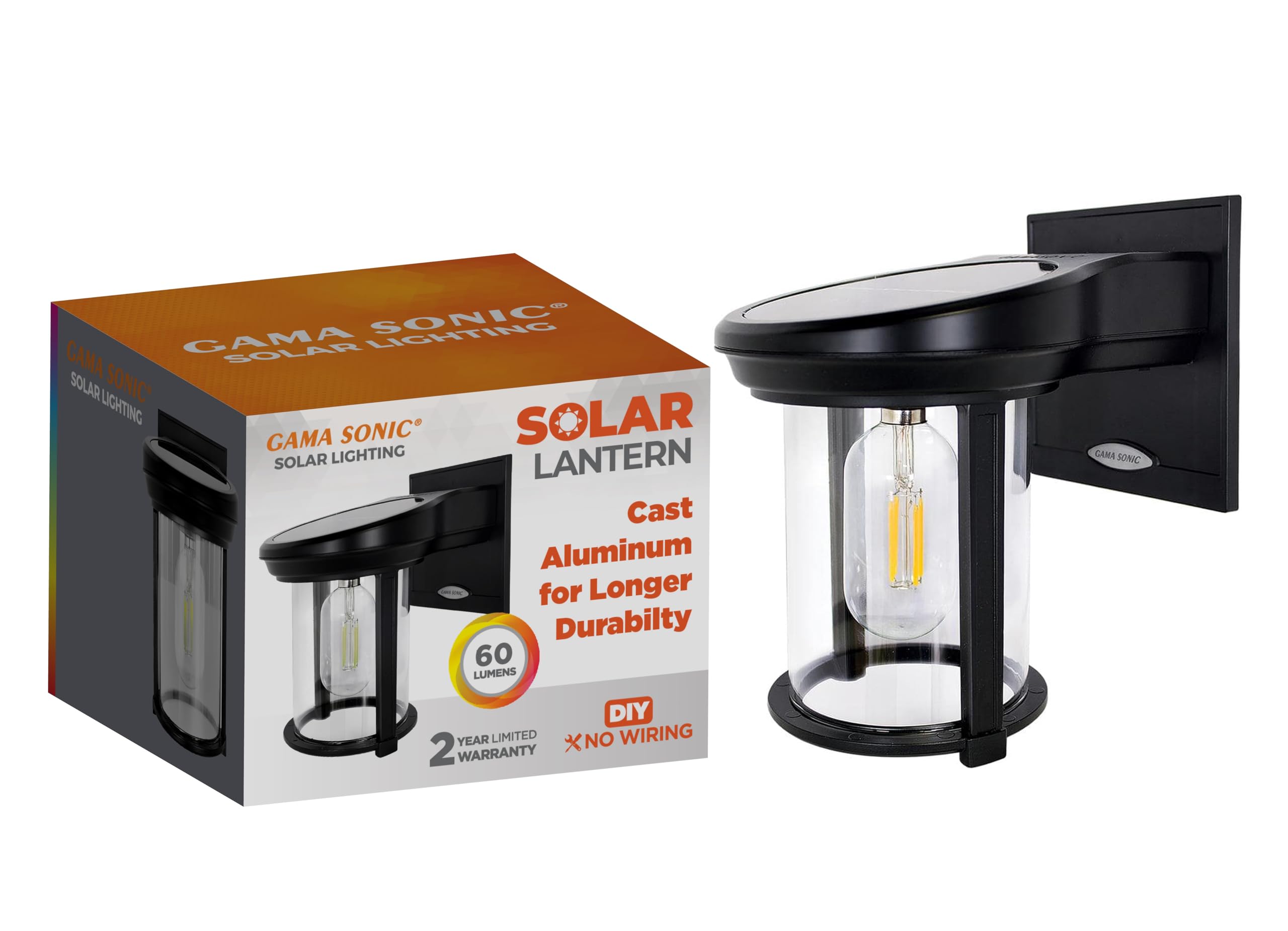 Gama Sonic Solar Coach Wall Lantern - Outdoor Solar Powered LED Light with Vintage Edison Bulb & Glass Dome - Weatherproof Black Exterior Lighting - Perfect for Porch, Garden, Patio, and Pathway Illumination (Model 1BE40010)