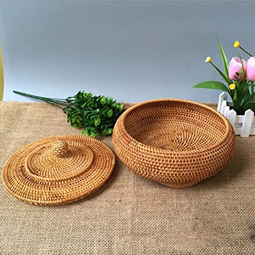 Hand-Woven Rattan Storage Basket with Lid - Round Woven Storage Box for Jewelry, Snacks & Tea Set (22x13cm/28x14cm) - Natural Home Organization for Bedroom, Bathroom & Living Room Decor