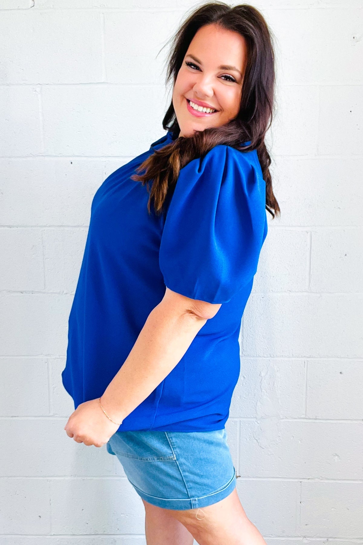 Stylish Blue Frill Mock Neck Woven Top for Women - Perfect for Holiday Parties & Casual Outings
