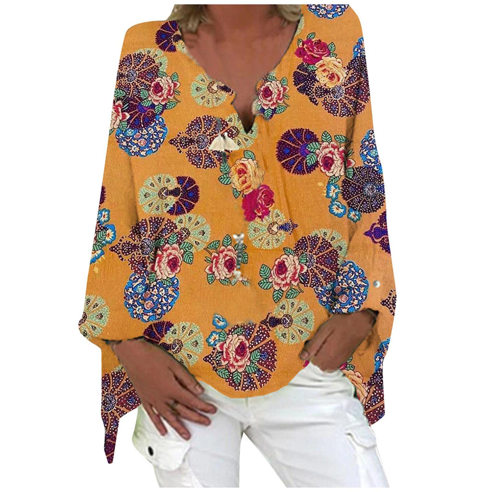 Plus Size Women's Summer Casual Cute Printed Tunic T-Shirt - Loose V Neck Linen Blouse Boho Tops for Outdoor Activities & Vacation Wear