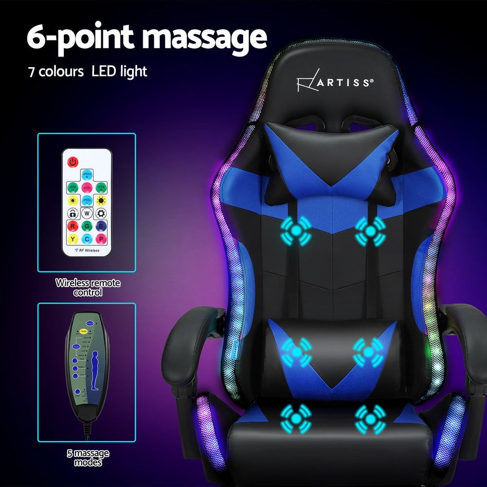 Artiss 6-Point Massage Gaming & Office Chair with LED Footrest - Blue - Perfect for Home Office, Gaming Setup & Relaxation