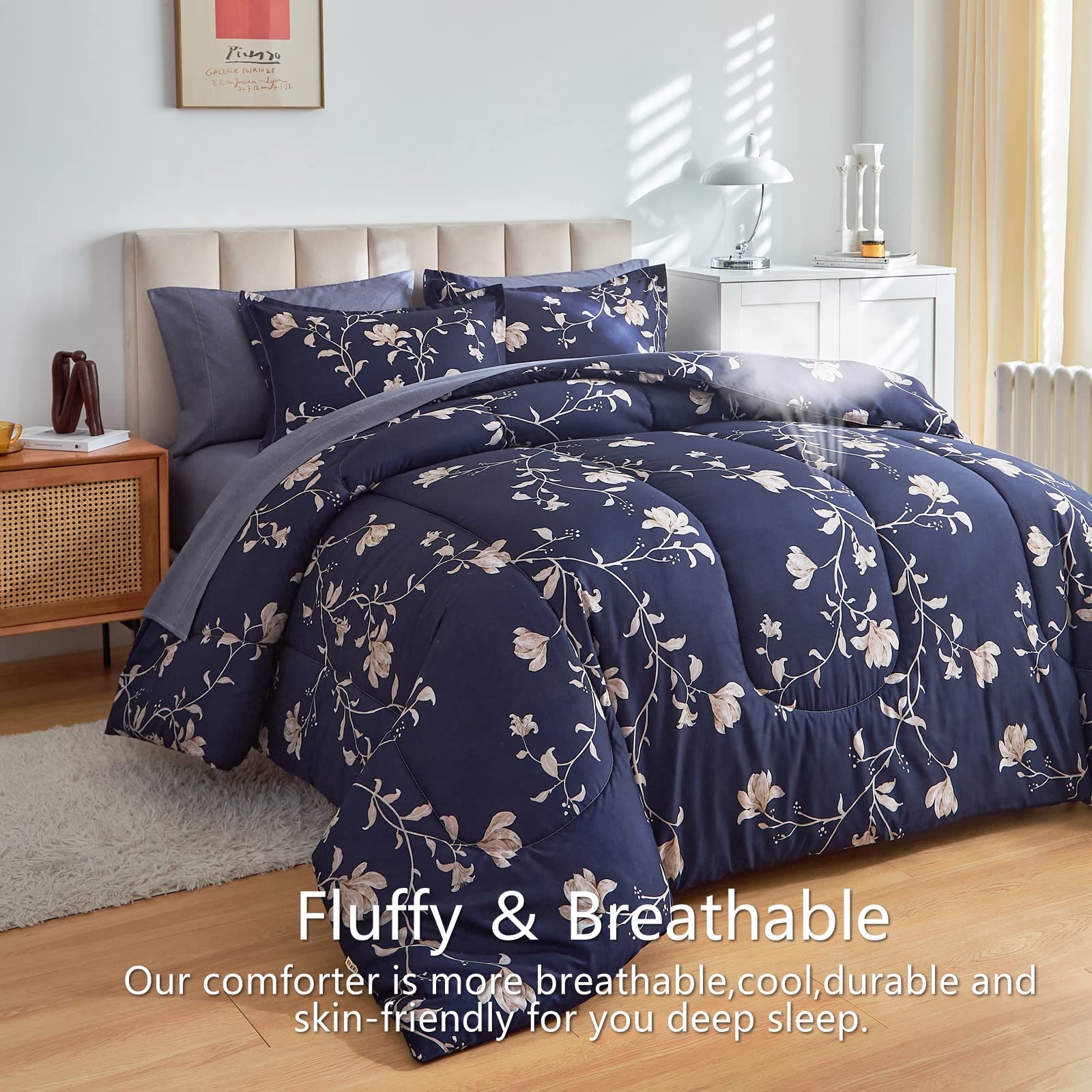 AIKASY 7-Piece King Size Floral Comforter Bed in a Bag Set - Navy Blue Bedding Set Includes 1 Comforter, 2 Pillow Shams, 1 Flat Sheet, 1 Fitted Sheet & 2 Pillowcases - Perfect for Master Bedroom, Guest Room & Vacation Homes