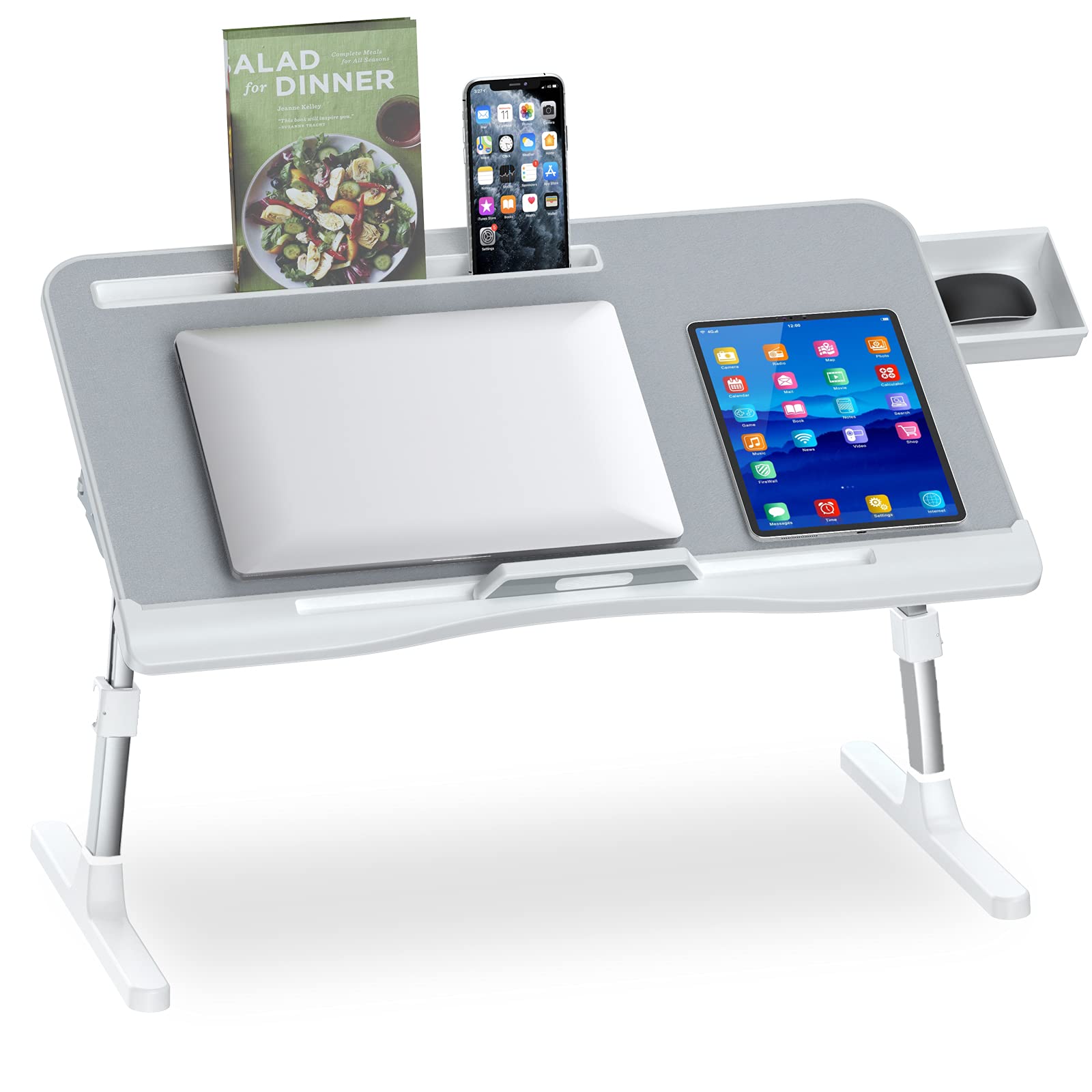 EVETTO Adjustable Foldable Laptop Desk for Bed with Storage Drawer - Portable Lap Table for Working, Eating, Writing, Drawing & Gaming - Perfect for Home Office, Dorm Room & Bedroom (Medium, Grey)