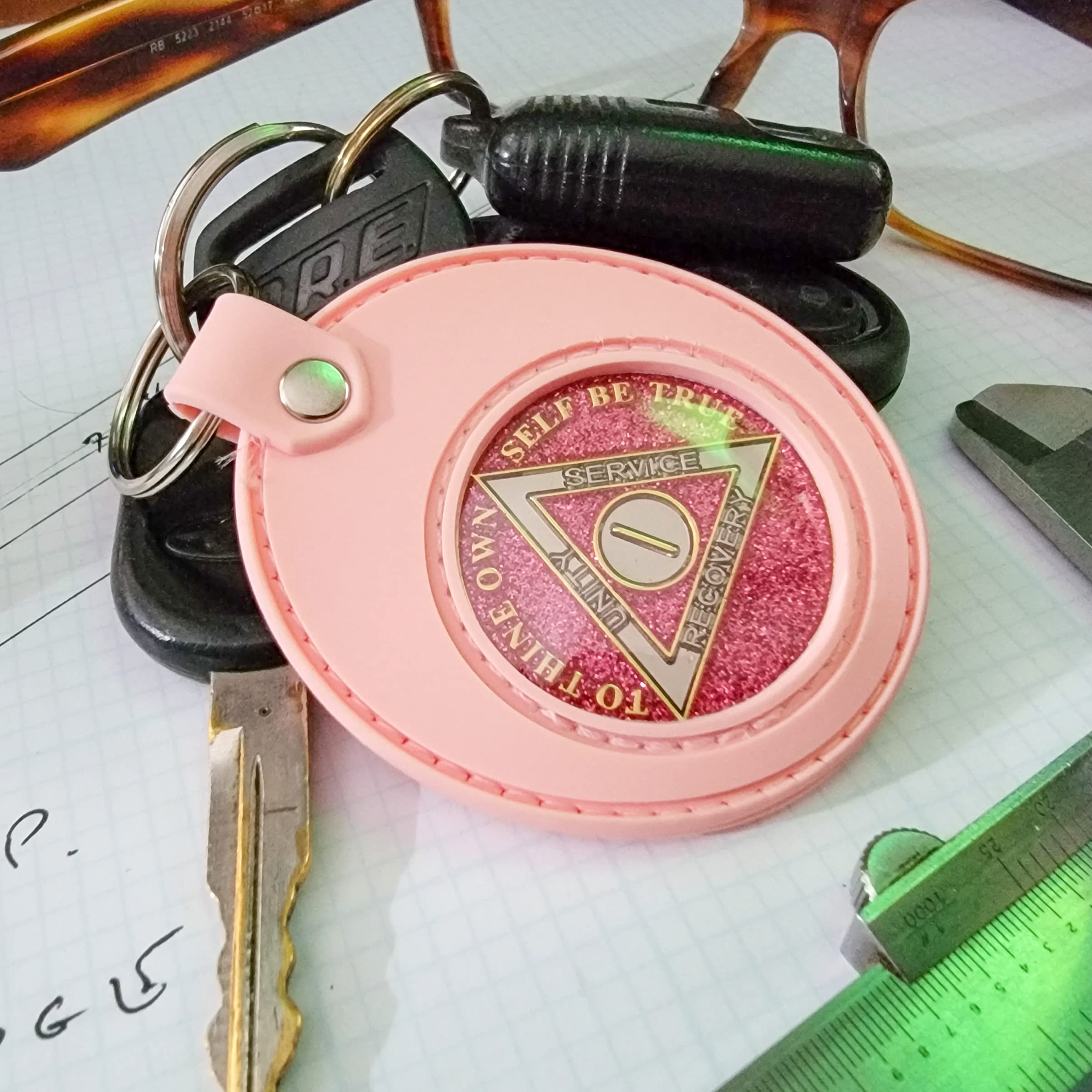 Sobriety Coin Holder Keychain - Displays Both Sides of AA Medallions, Recovery Tokens & Apple AirTag - Waterproof Scratchproof Soft Silicone Key Ring for 12 Step Programs - Perfect for AA Meetings, NA Recovery & Personal Motivation (Pink)