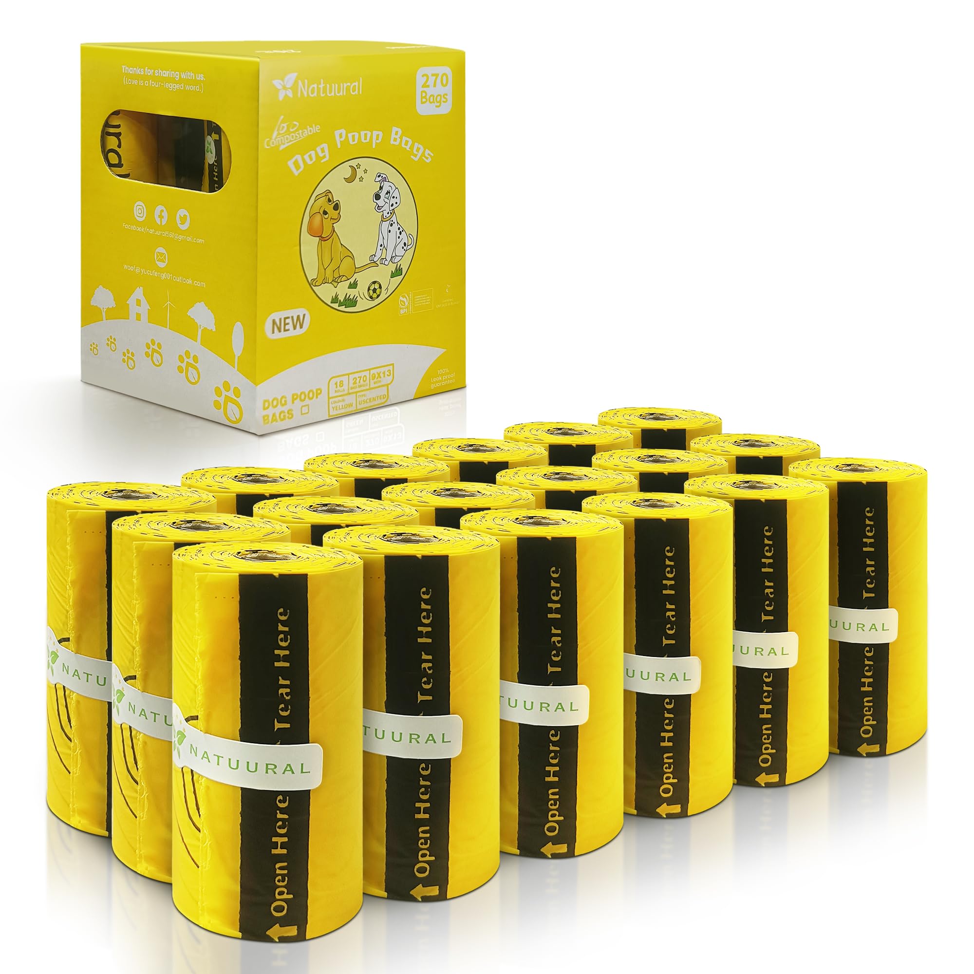 Certified Compostable Dog Poop Bags - 270 Count (18 Rolls) | Cornstarch-Based, Eco-Friendly & Durable | Unscented Yellow Waste Bags for Dogs | Perfect for Park Walks, Backyard Cleanup & Travel Use