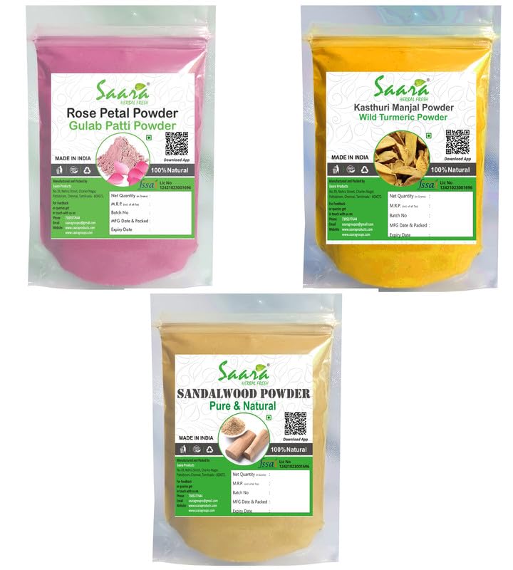 Saara HERBAL FRESH Kasthuri Manjal, Sandalwood & Rose Petals Powder Combo - 150g (3x50g) for Glowing Skin & Face Brightening - Natural Skincare for Men & Women - Perfect for Daily Face Masks & Ayurvedic Beauty Rituals