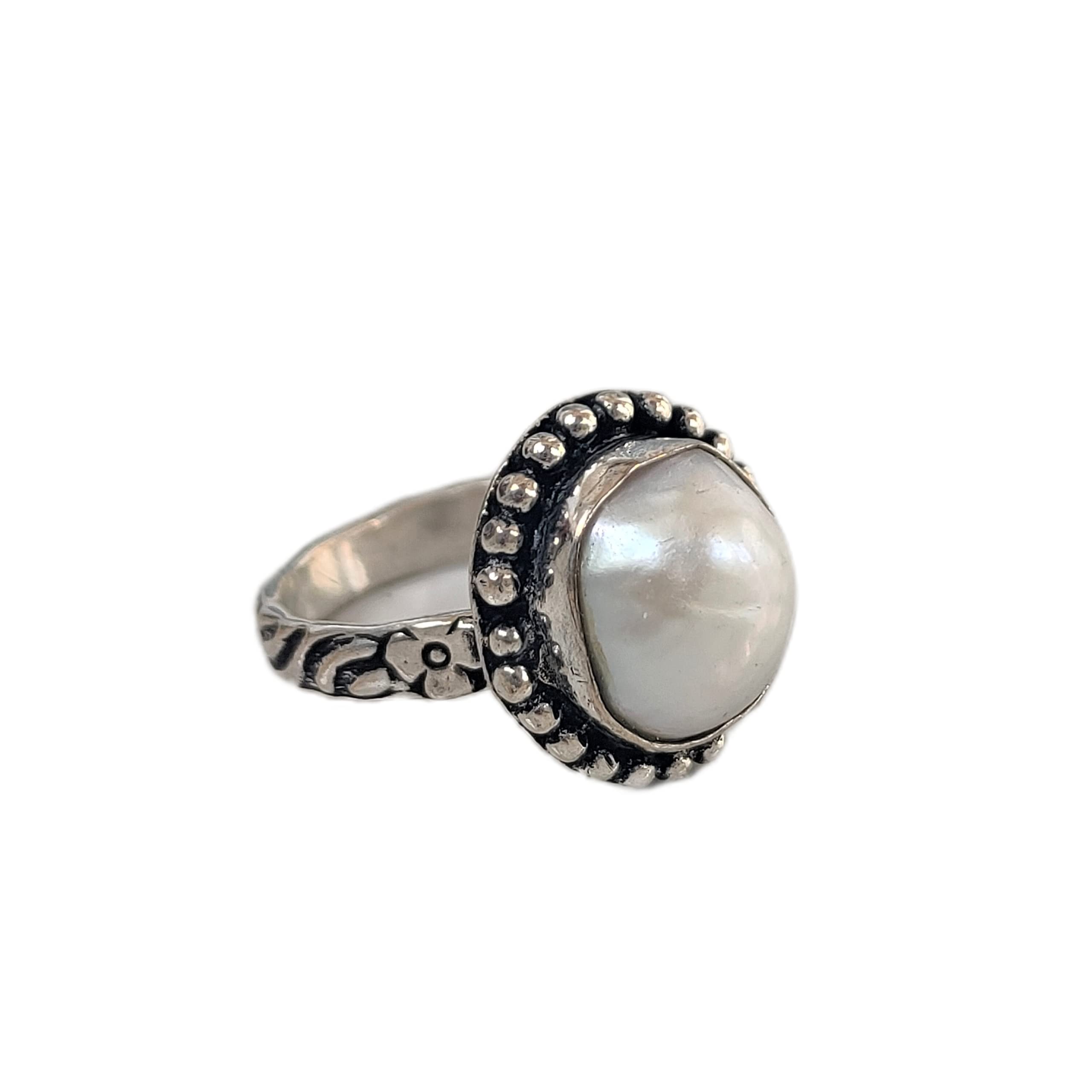 925 Sterling Silver Pearl Ring with Floral Design - Elegant Round Stone Statement Ring for Women | Handmade Bohemian Jewelry for Promises, Weddings & Everyday Wear