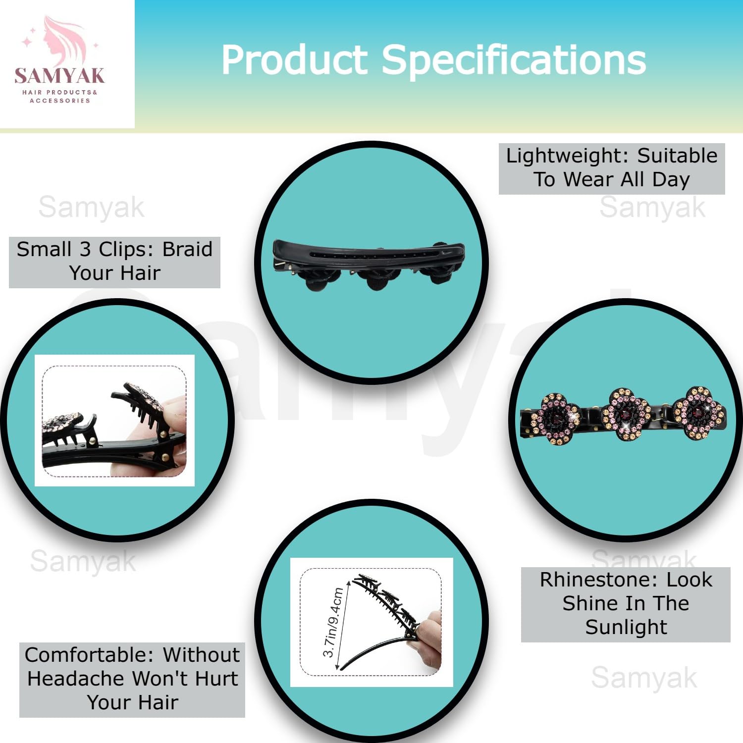 Samyak 4-Piece Bohemian Stone Braided Hair Clips for Women – Sparkling Crystal Barrettes with 3 Braided Small Clips | Perfect for Weddings, Parties & Everyday Styling