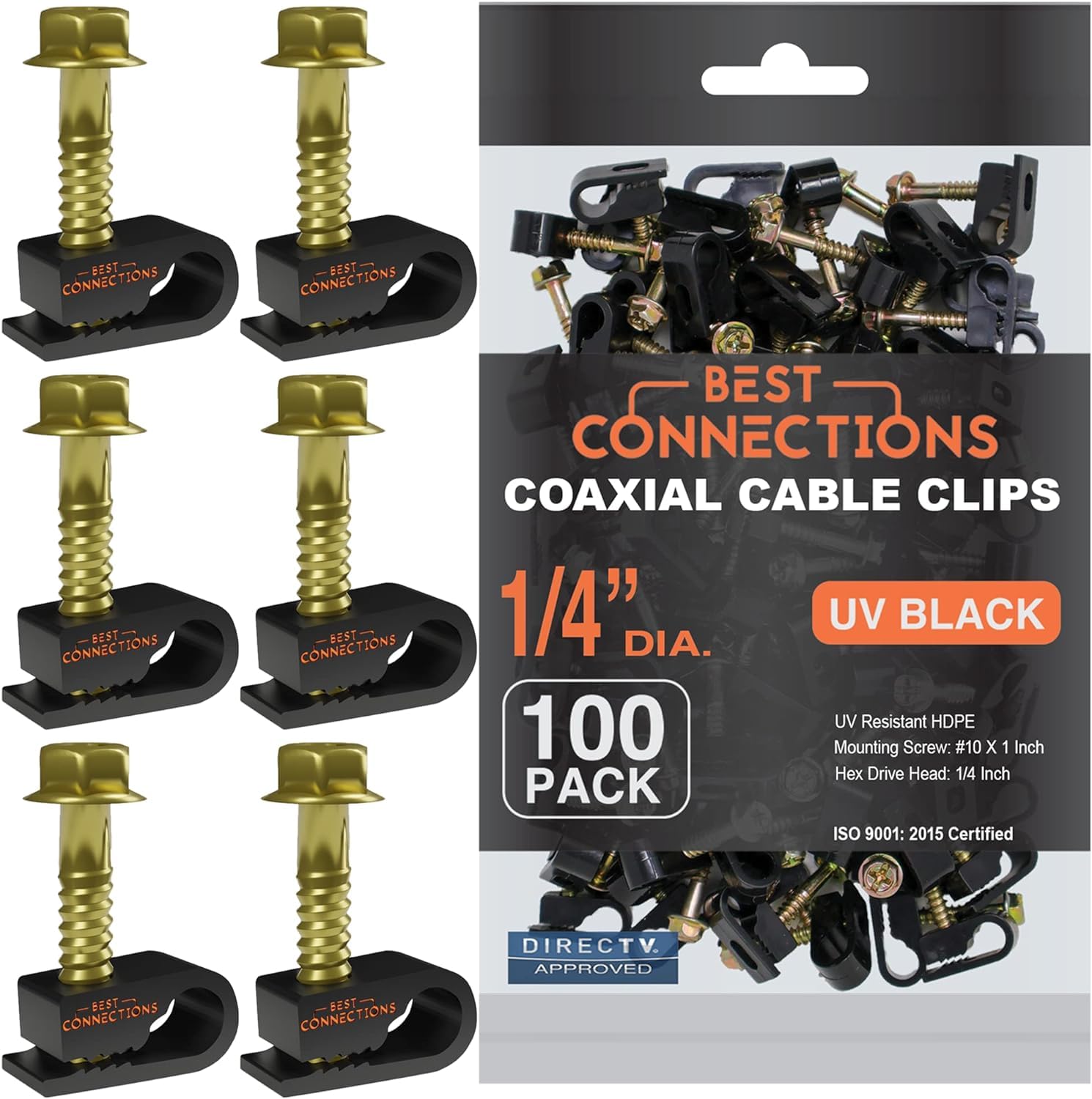 500 Pack Black Coaxial Cable Clips with Pre-Inserted Screws - RG6 RG59 Coax & Ethernet Cable Mounting Clamps - Cord Fastener Strain Relief for Home Theater, CCTV, Networking & Office Cable Management
