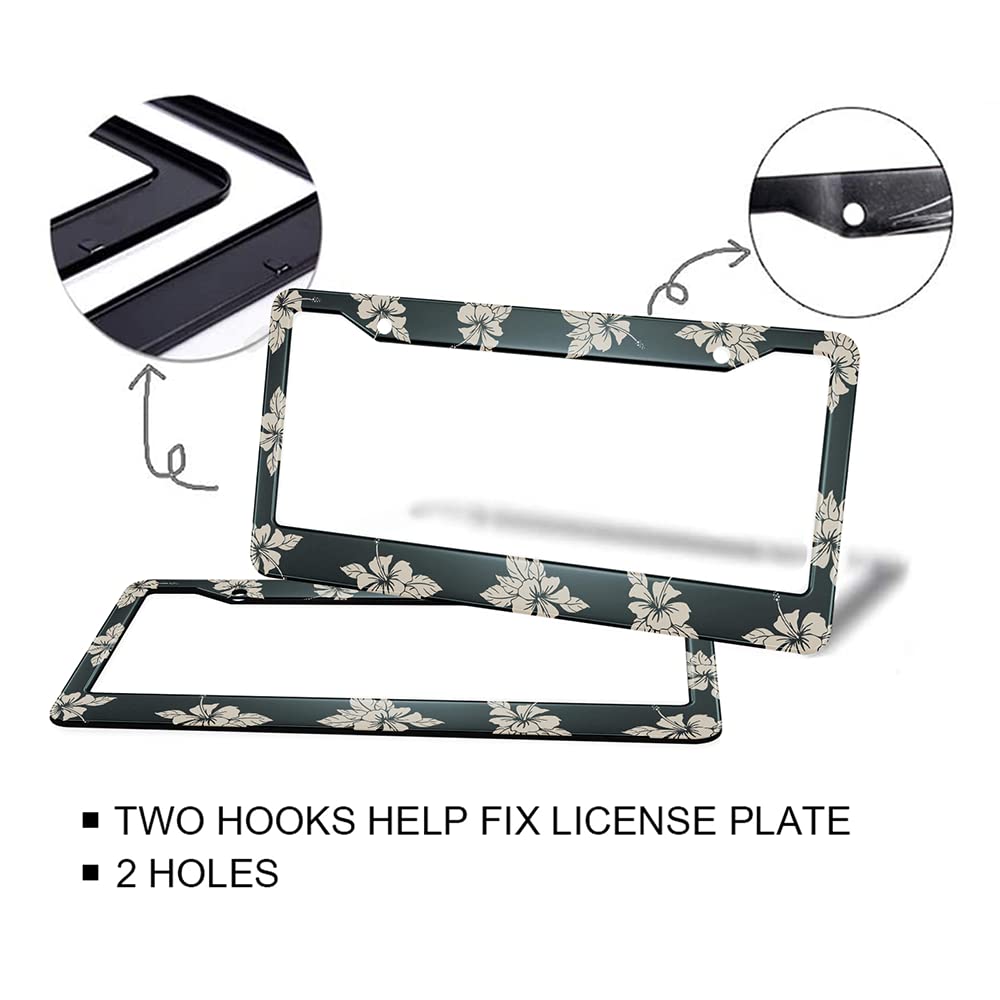 HOSNYE 2-Pack Black Metal Hibiscus Flower License Plate Frame - Tropical Aloha Hawaiian Style with 2 Holes - Durable Front License Plate Cover for US Vehicles (Men & Women) - Perfect for Beach Cars, Summer Road Trips & Hawaiian-Themed Decor