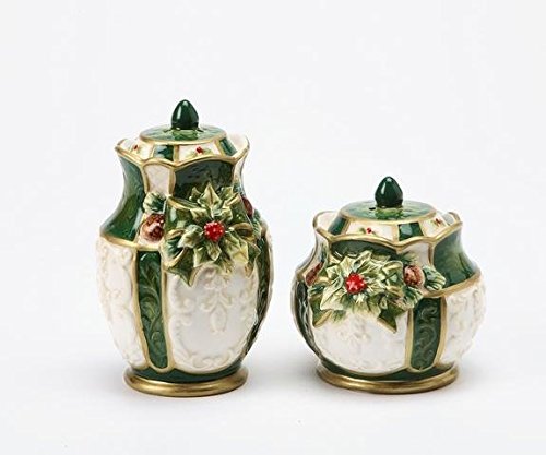 Holly Salt and Pepper Shakers Set - Elegant Green & White Gold Trimmed Ceramic Shakers - Perfect for Christmas Dinner, Holiday Table Decor, and Kitchen Essentials