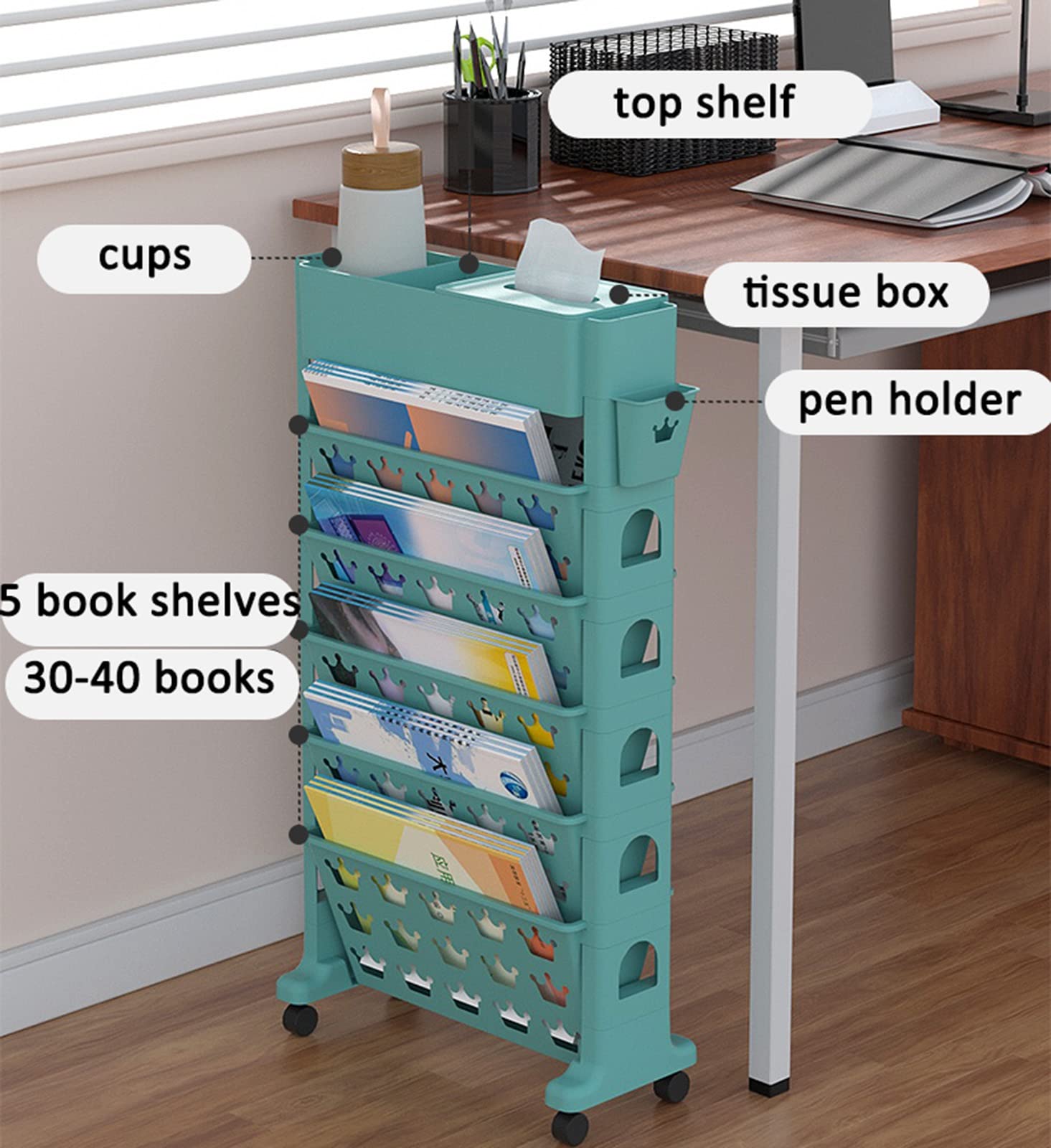 Portable Rolling Bookshelf for Classroom - Slim Mobile Desk Storage Organizer with Wheels, Compact Bookcase for Books, Magazines & Supplies - Ideal for School, Library, Office & Home Study Use