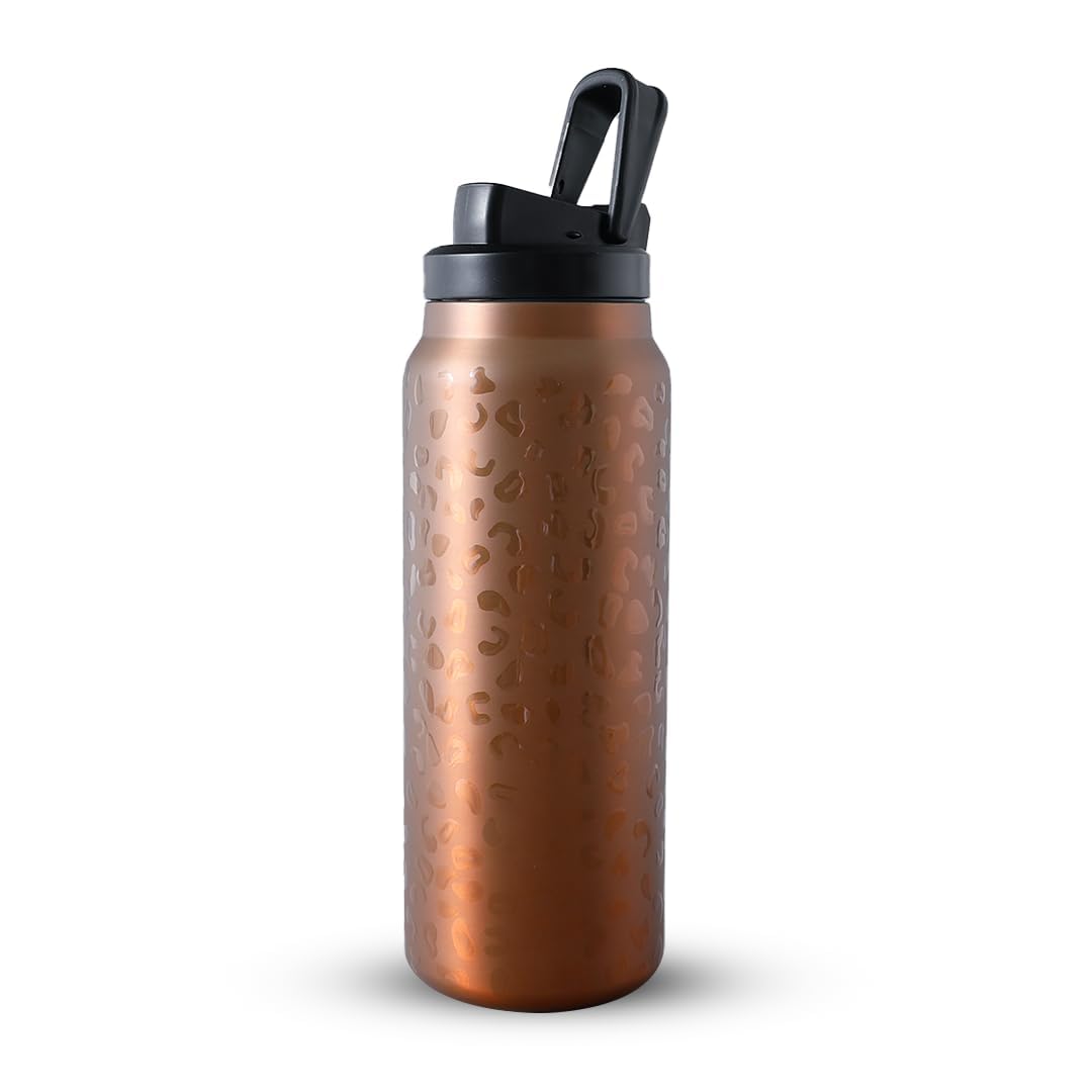 Kuber Industries 900ml Vacuum Insulated Water Bottle - Leopard Print Stainless Steel Travel & Gym Bottle with Sipper Cap | Keeps Hot & Cold for 24 Hours | Perfect for Hiking, Workouts, Office & Outdoor Adventures | Model DA230805 in Golden