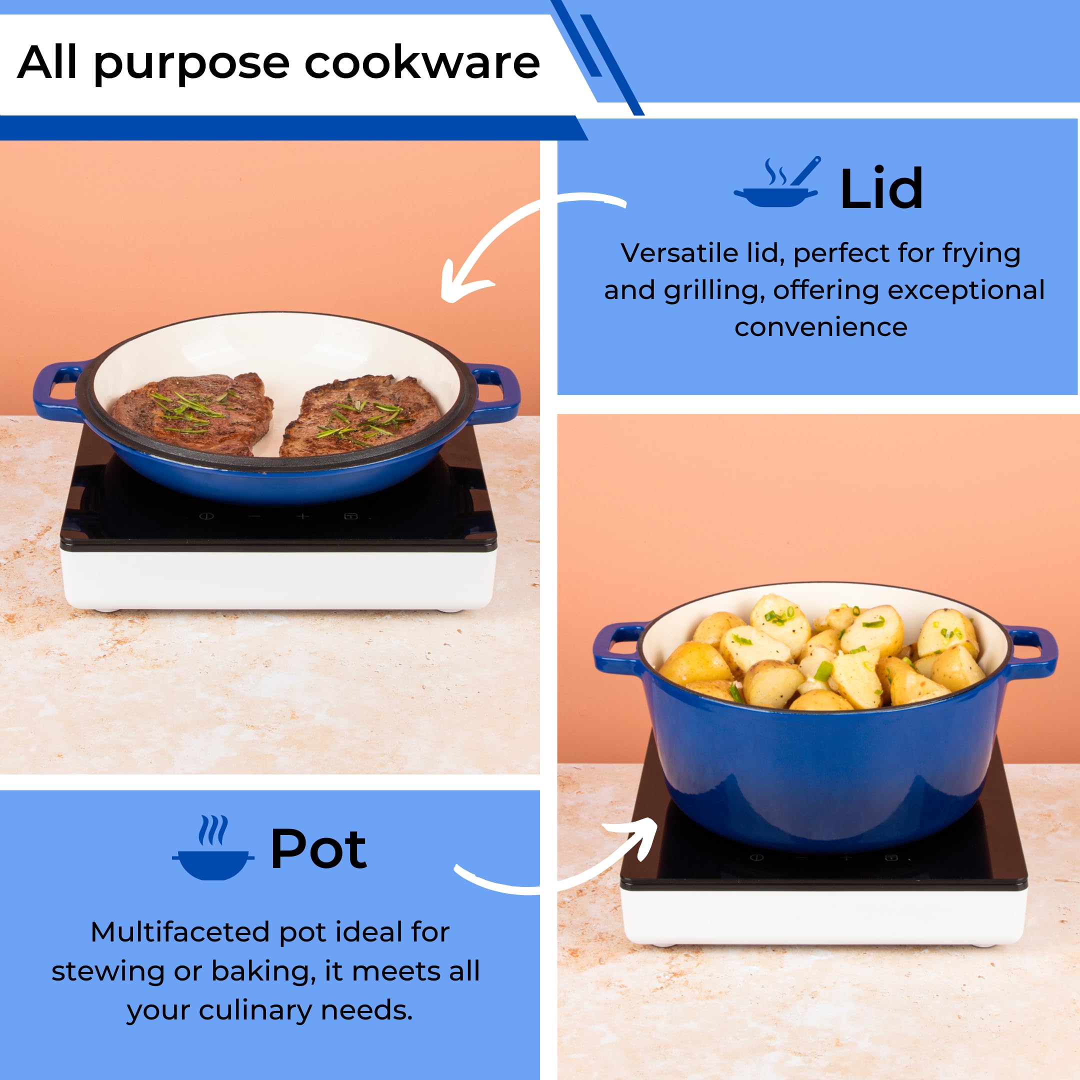 Premium Enameled Cast Iron Dutch Oven with Lid - 5 Quart (26cm) Casserole Pot & Skillet 2-in-1 Cookware Set - Durable Dark Blue Enamel Coating - Perfect for Braising, Stewing, Baking & Camping - by Nuovva