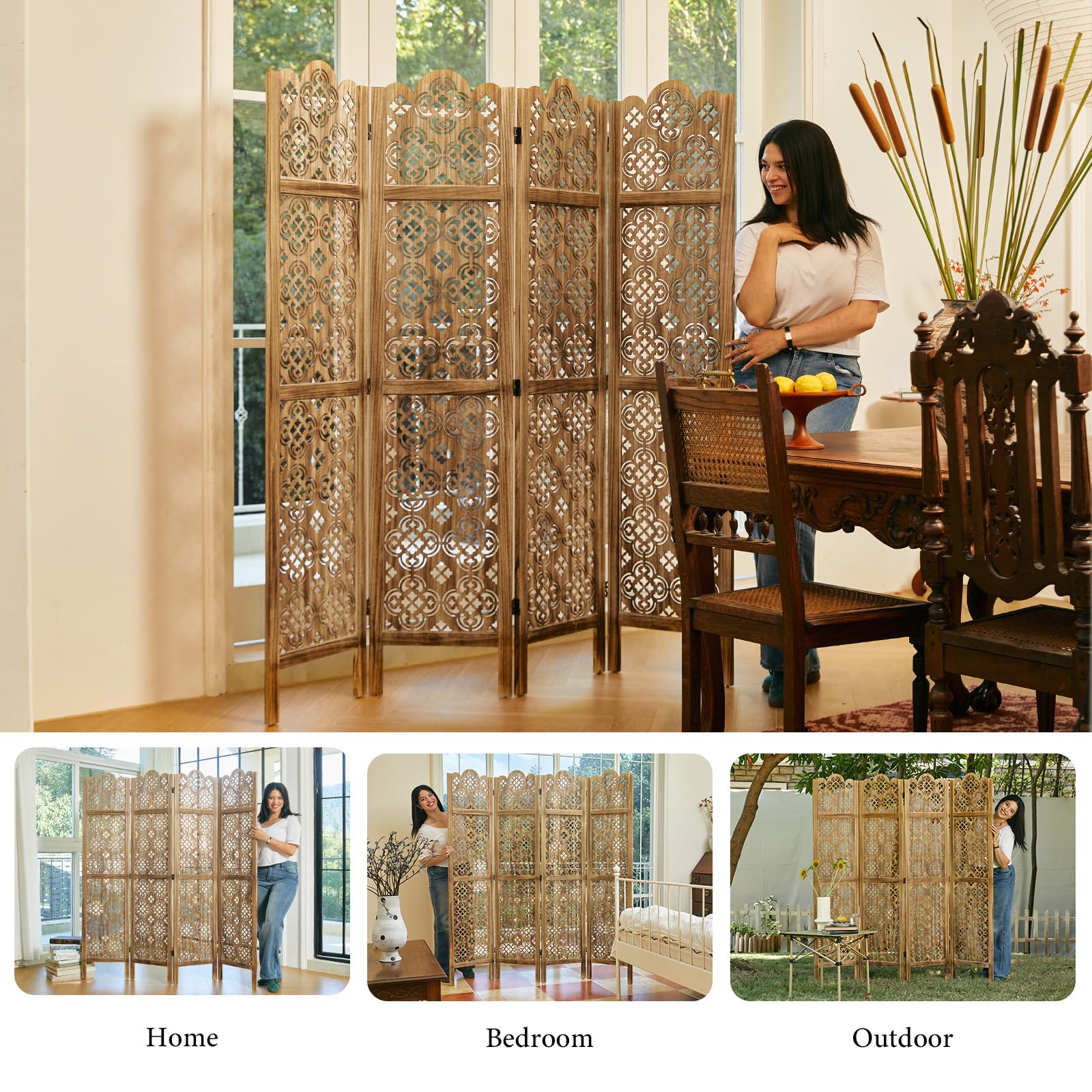 5.75Ft Wood Carved Room Divider - 4 Panel Folding Partition Screen for Home, Office, Garden & Terrace | Portable Indoor Privacy Screen in Antique Brown | Perfect for Space Separation, Decoration & Room Dividers