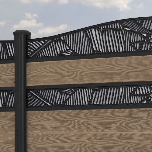 Classic Feather Curved Top Split Screen Fence Panel in Teak Wood with Aluminum Posts - Perfect for Garden Privacy, Patio Dividers & Backyard Decoration