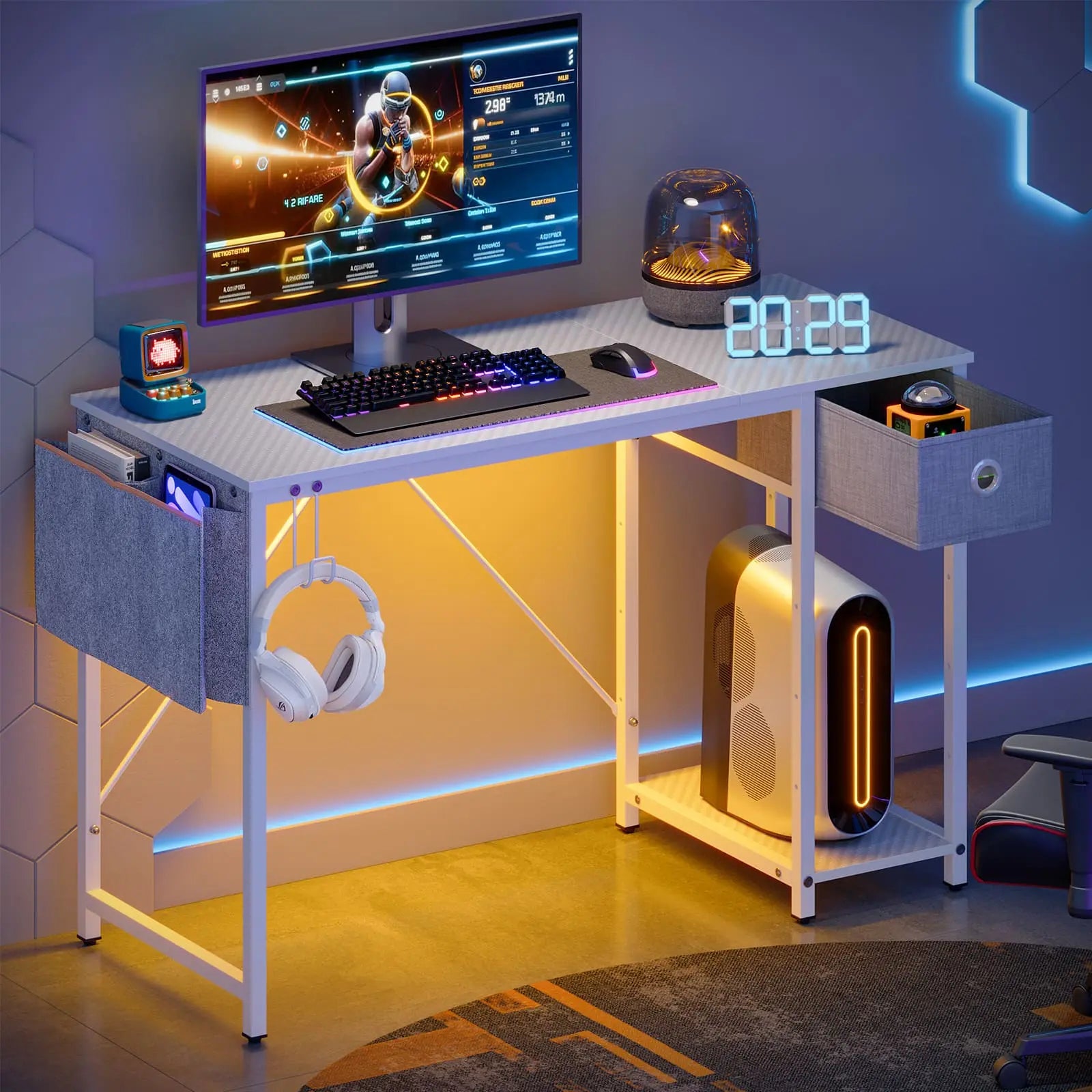 Bestier 47 Inch Modern LED Computer Desk with Storage Drawer - Home Office Desk for Work, Study & Gaming - Space-Saving Writing Table with Built-in Storage