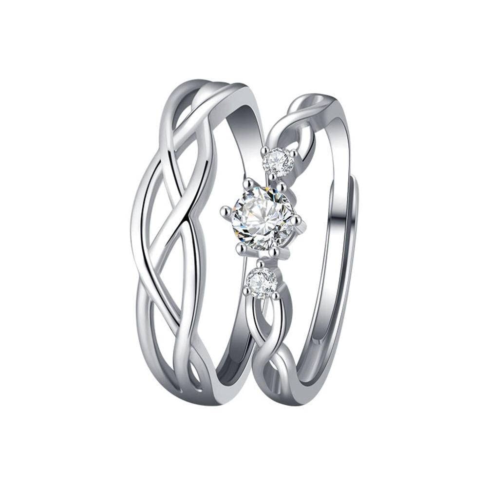 Sterling Silver Adjustable Open Finger Ring for Couples - Simple & Elegant Matching Pair for Men & Women with Imitation Diamond - Perfect Romantic Gift for Anniversaries, Valentine's Day & Weddings