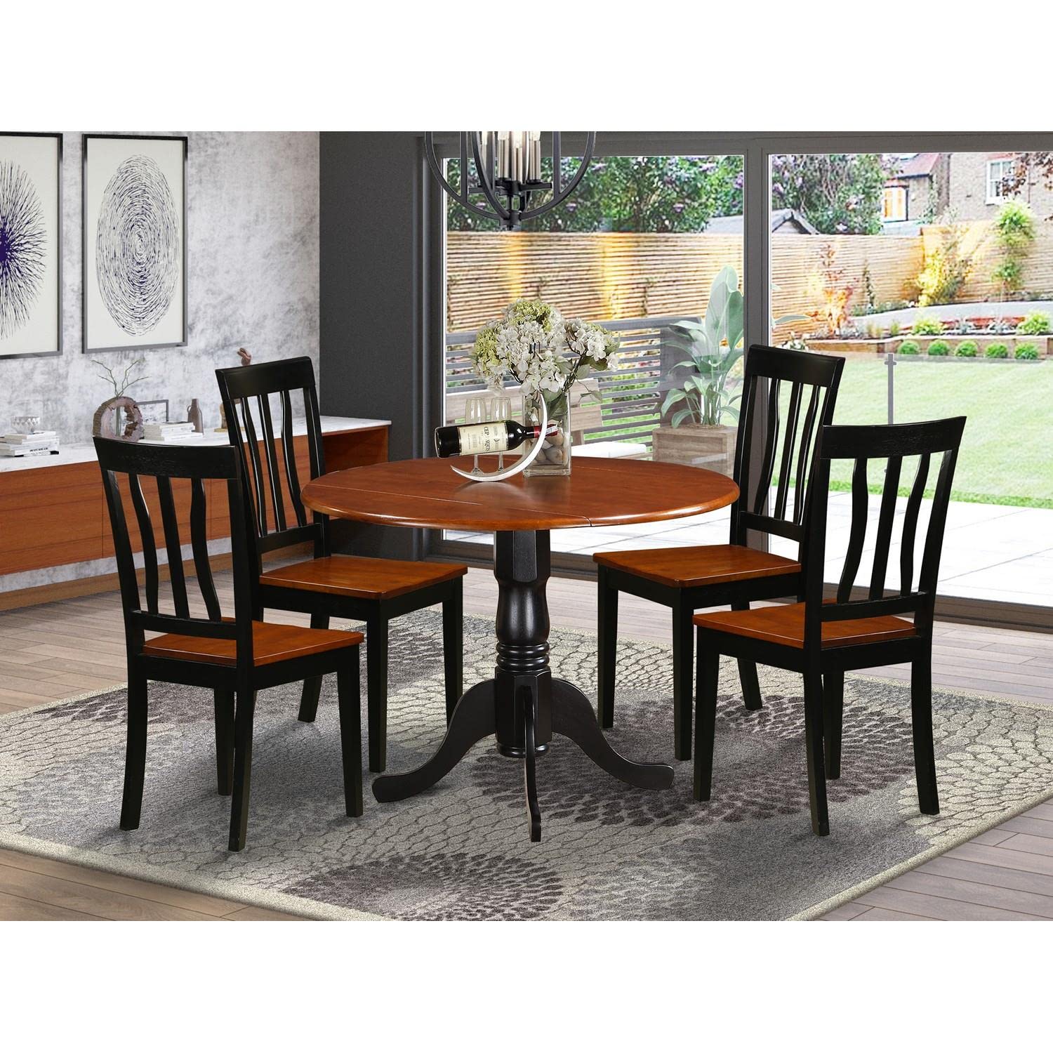 East West Furniture 5-Piece Black & Cherry Dinette Set - 42x42 Inch Round Drop Leaf Dining Table with 4 Chairs - Perfect for Small Kitchens, Breakfast Nooks & Compact Dining Spaces